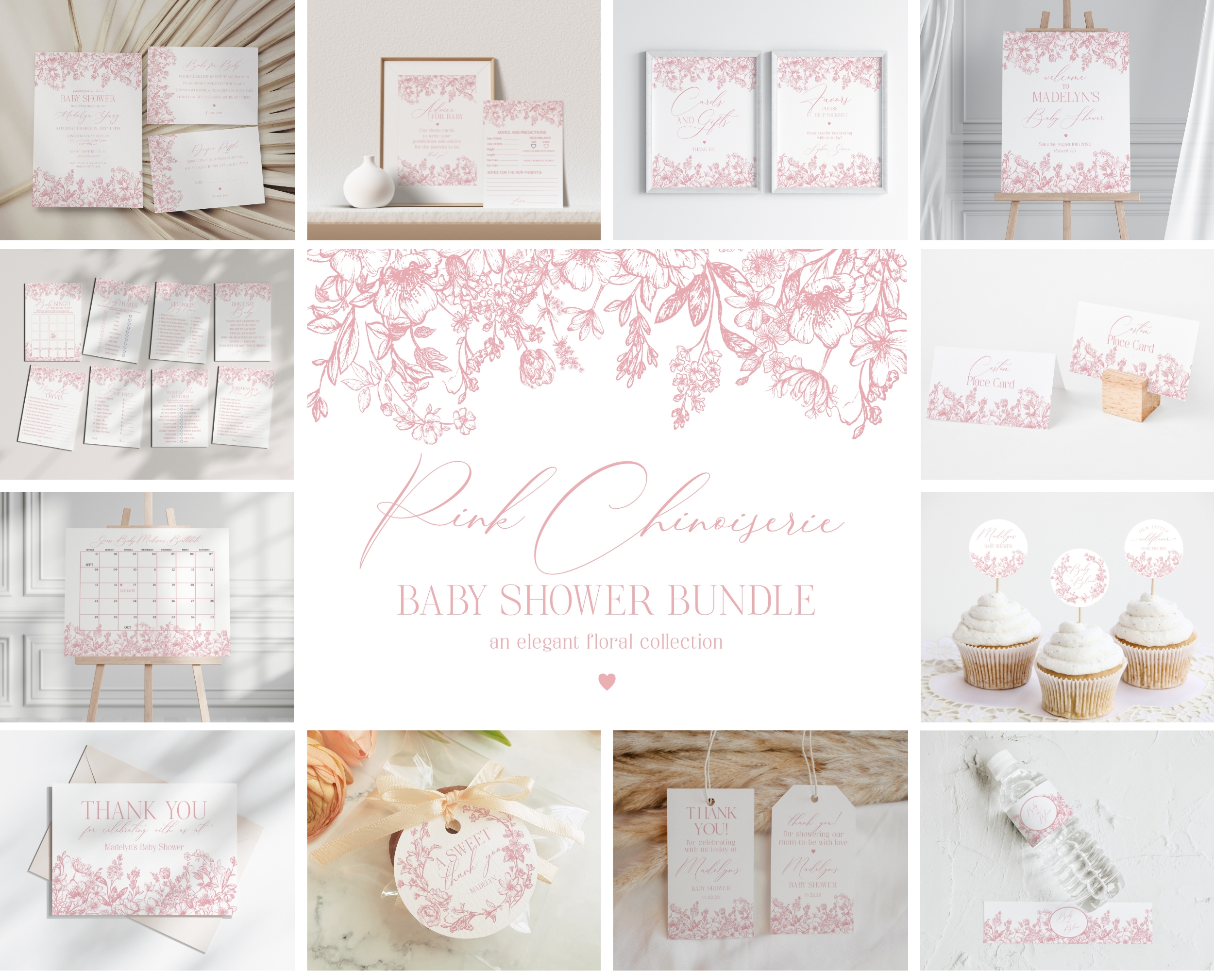 pink chinoiserie - baby shower bundle design preview