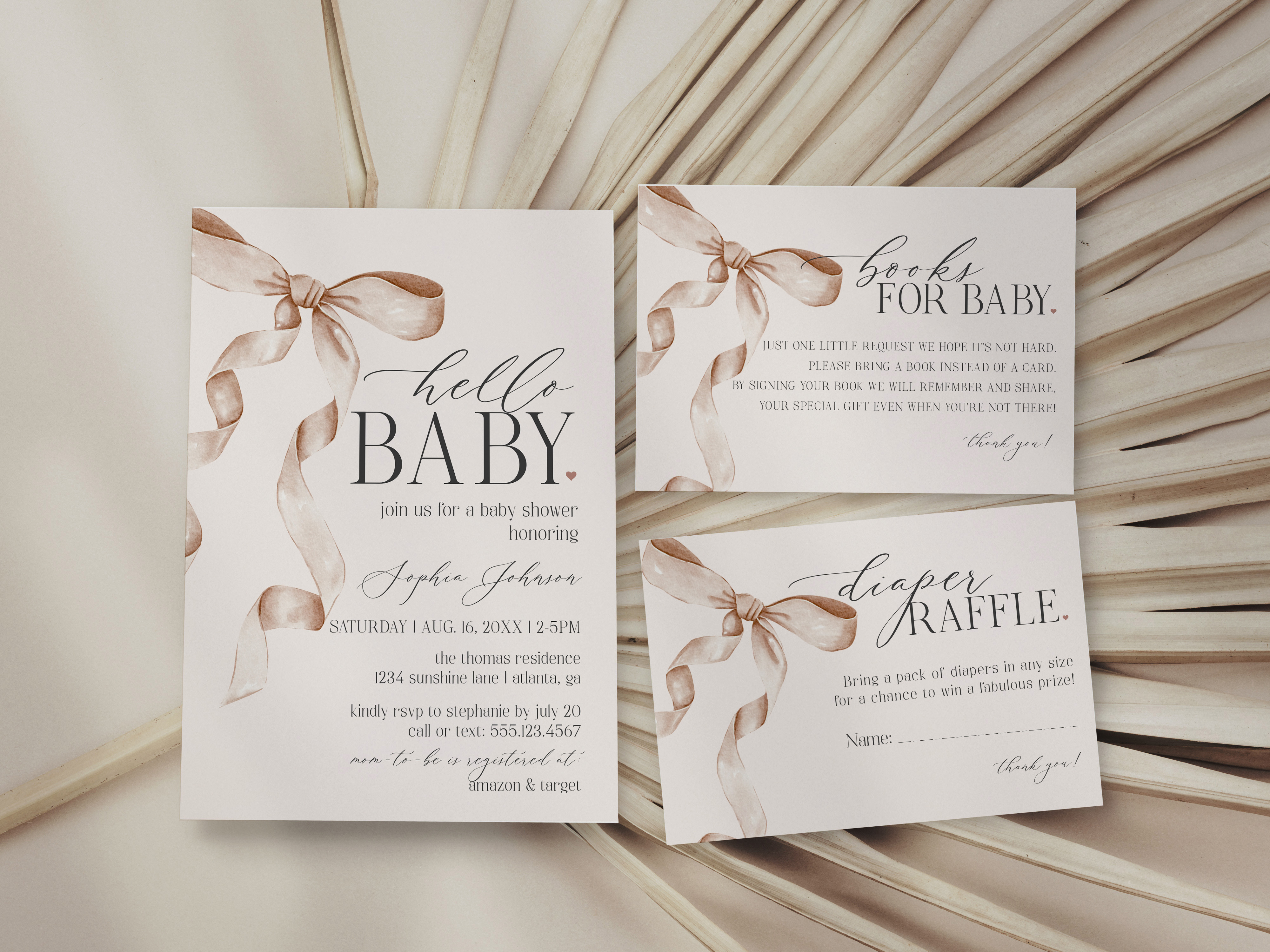 beige bow - baby shower invite design preview