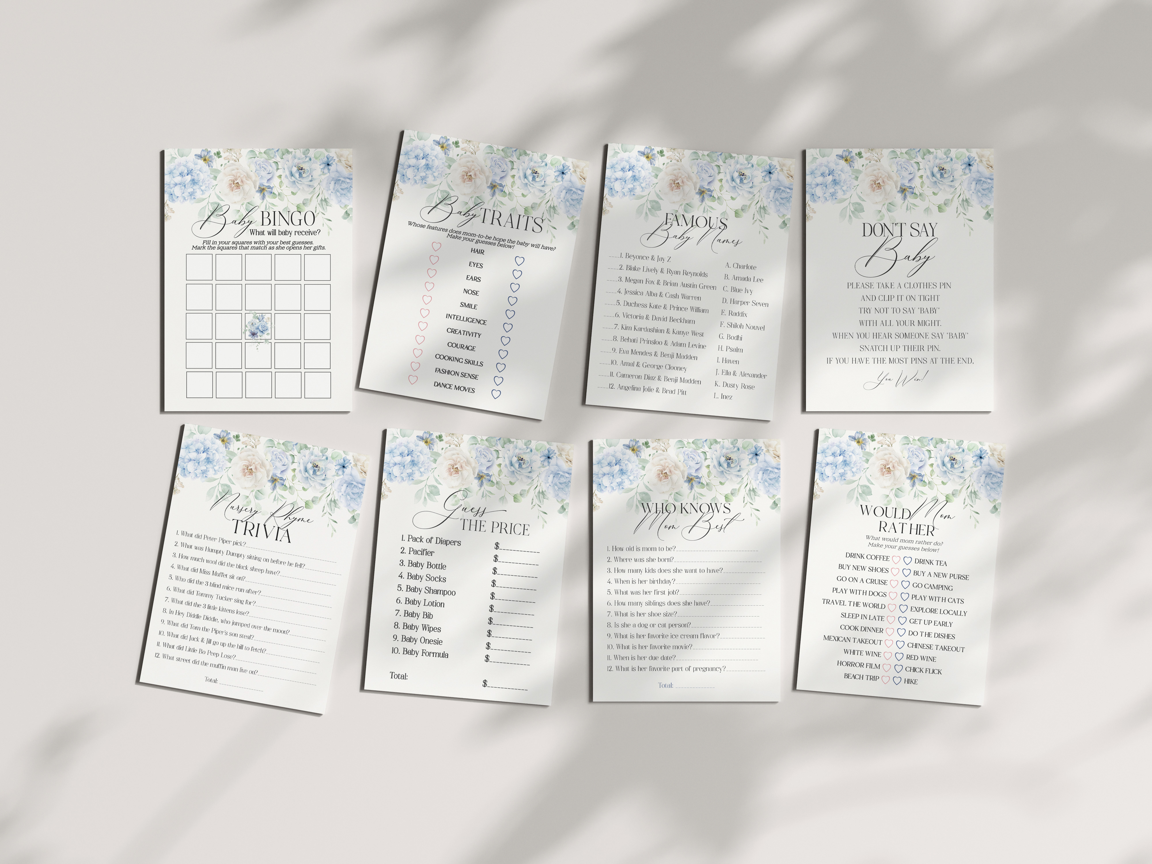 blue floral - baby shower games design preview