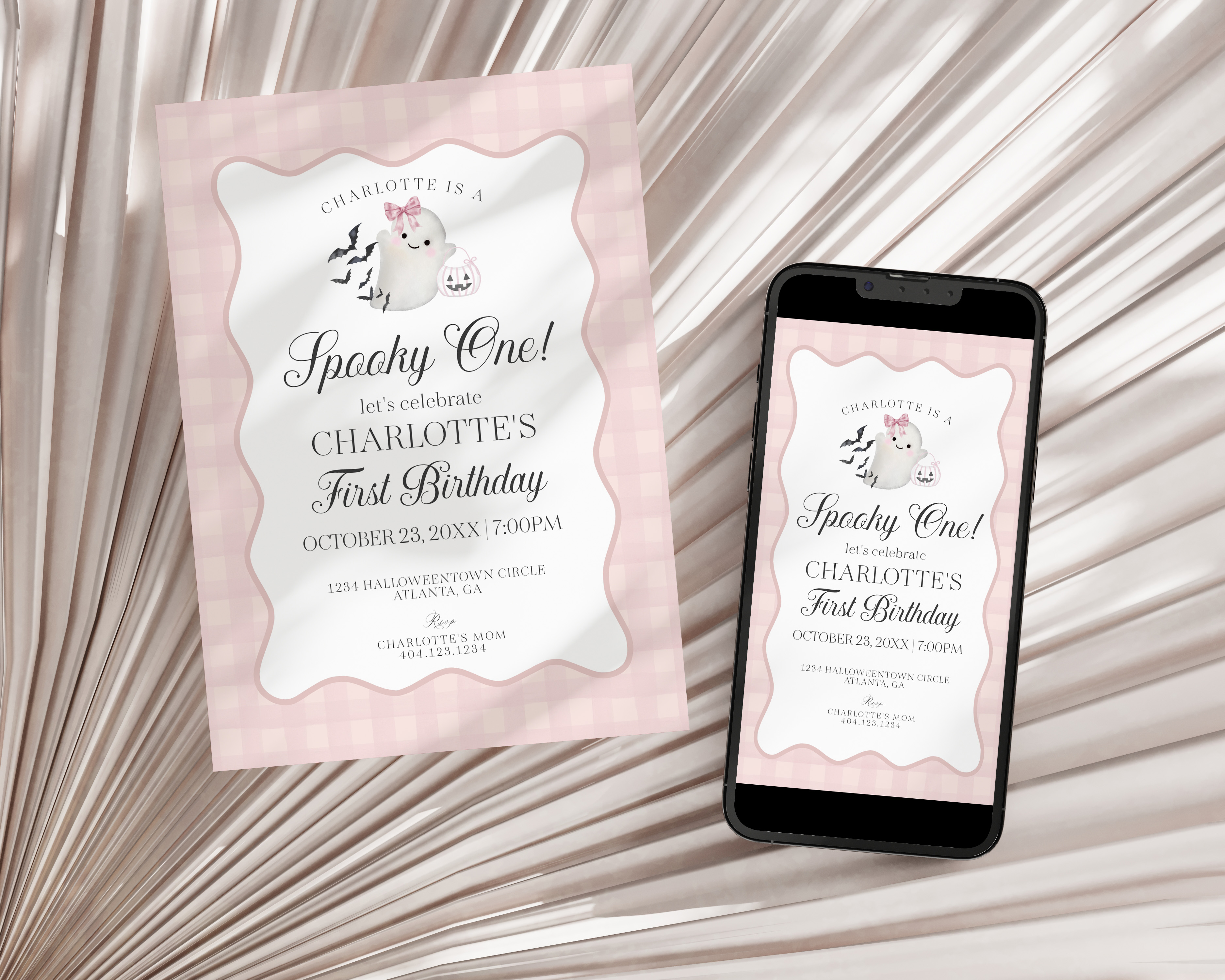 pink preppy halloween - first birthday invite design preview