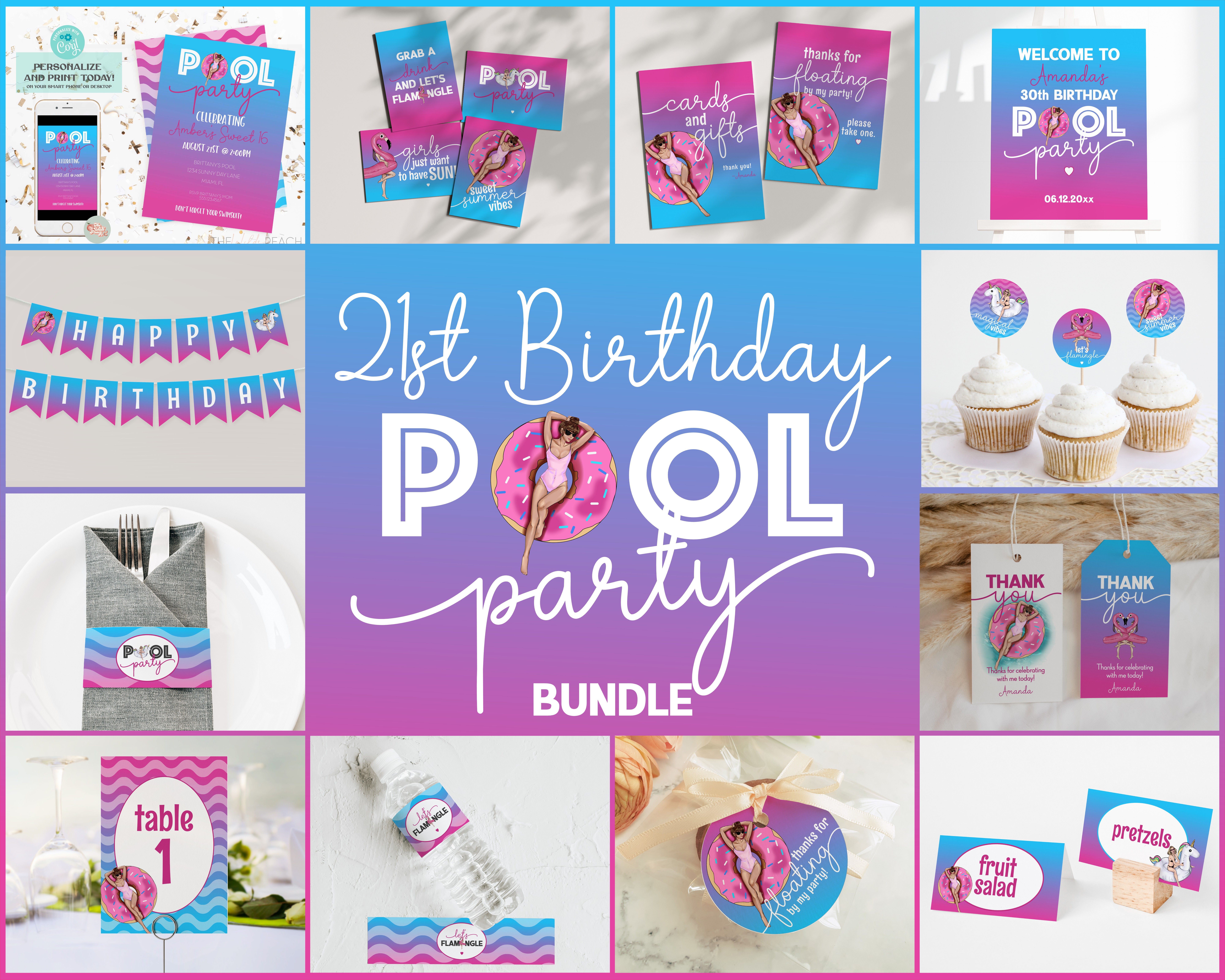ombre pool party - 21st birthday design preview