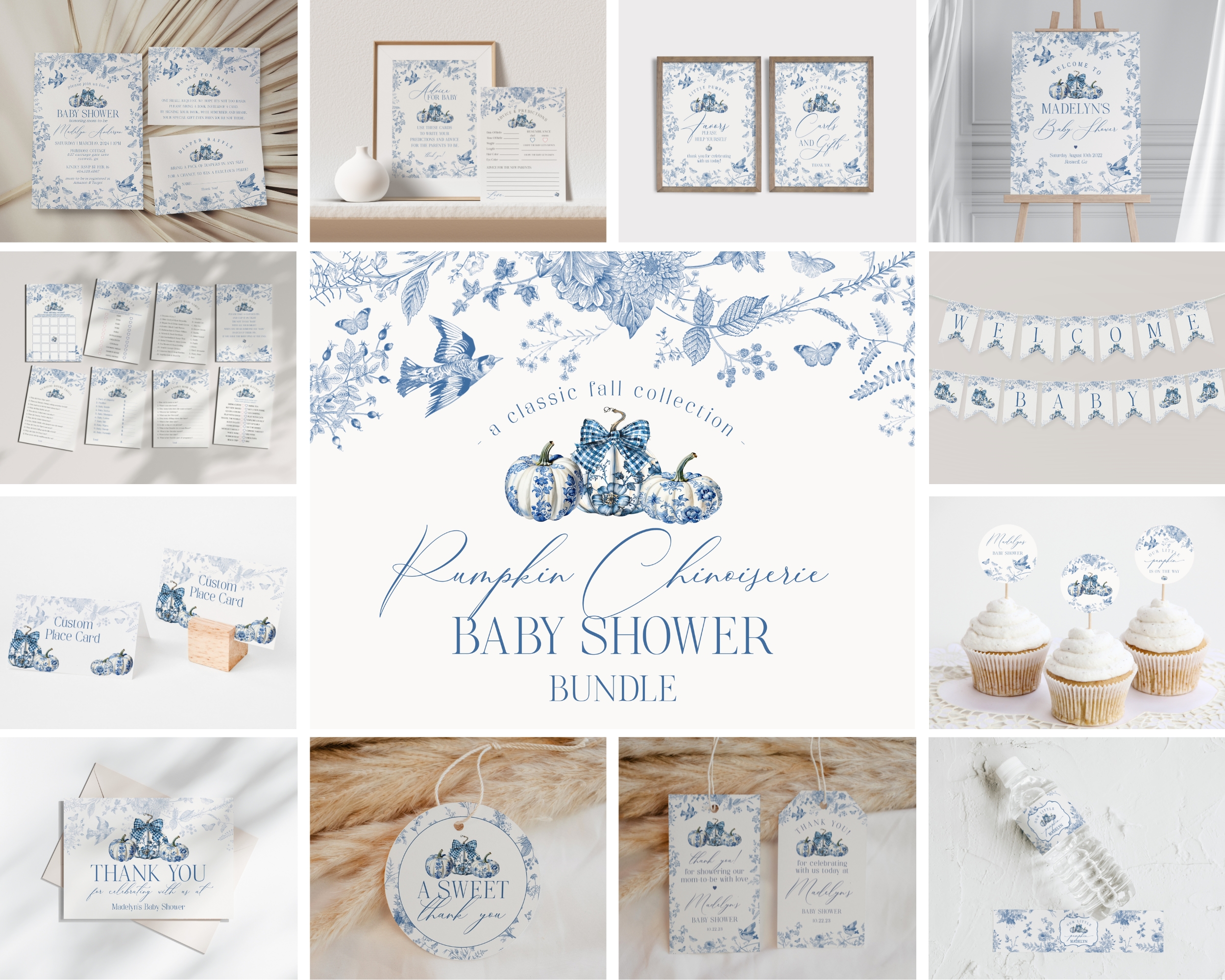 blue toile pumpkin - baby shower bundle design preview