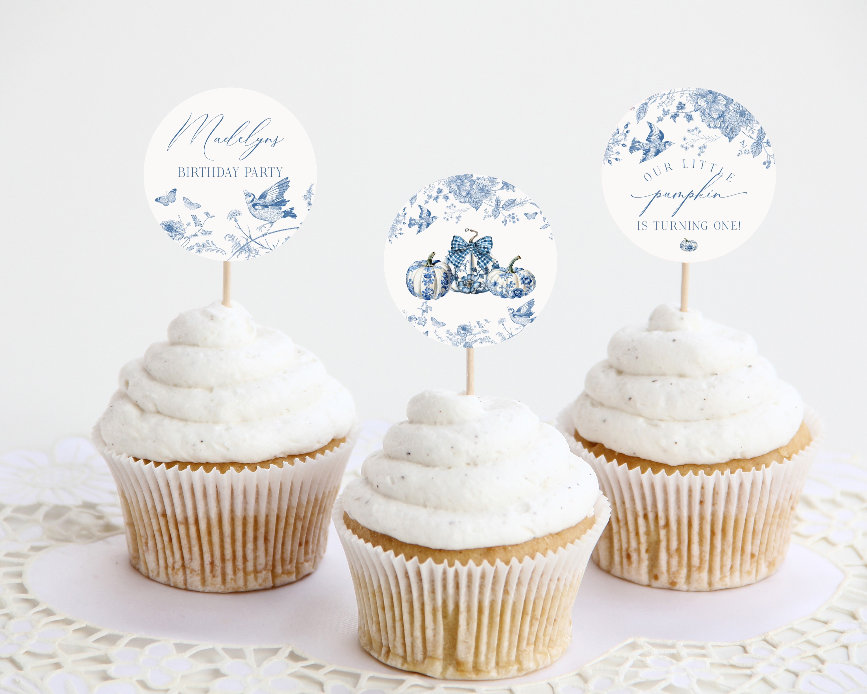 blue toile pumpkin - birthday cupcake toppers design preview