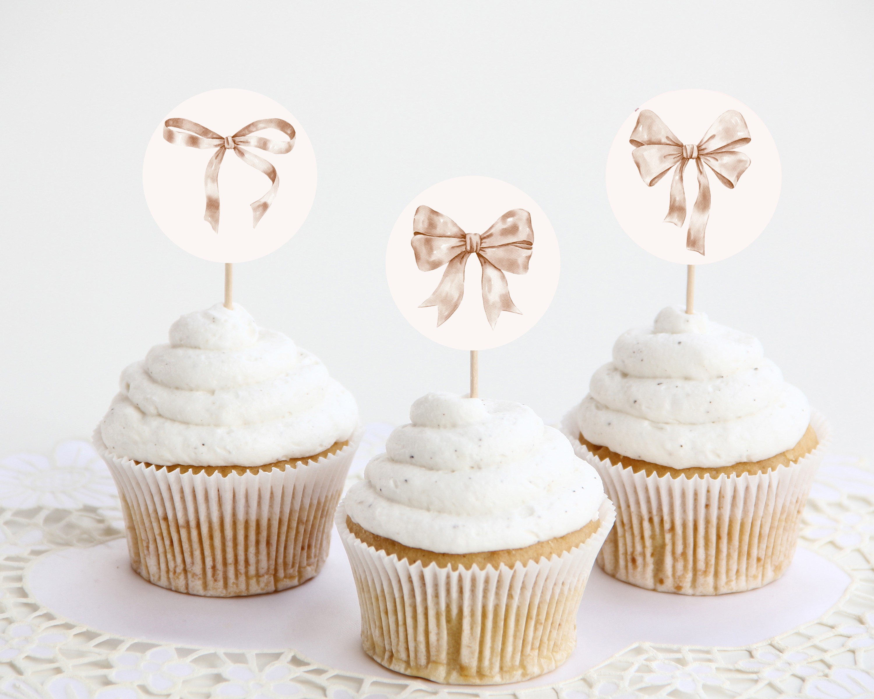 beige bow - cupcake toppers design preview