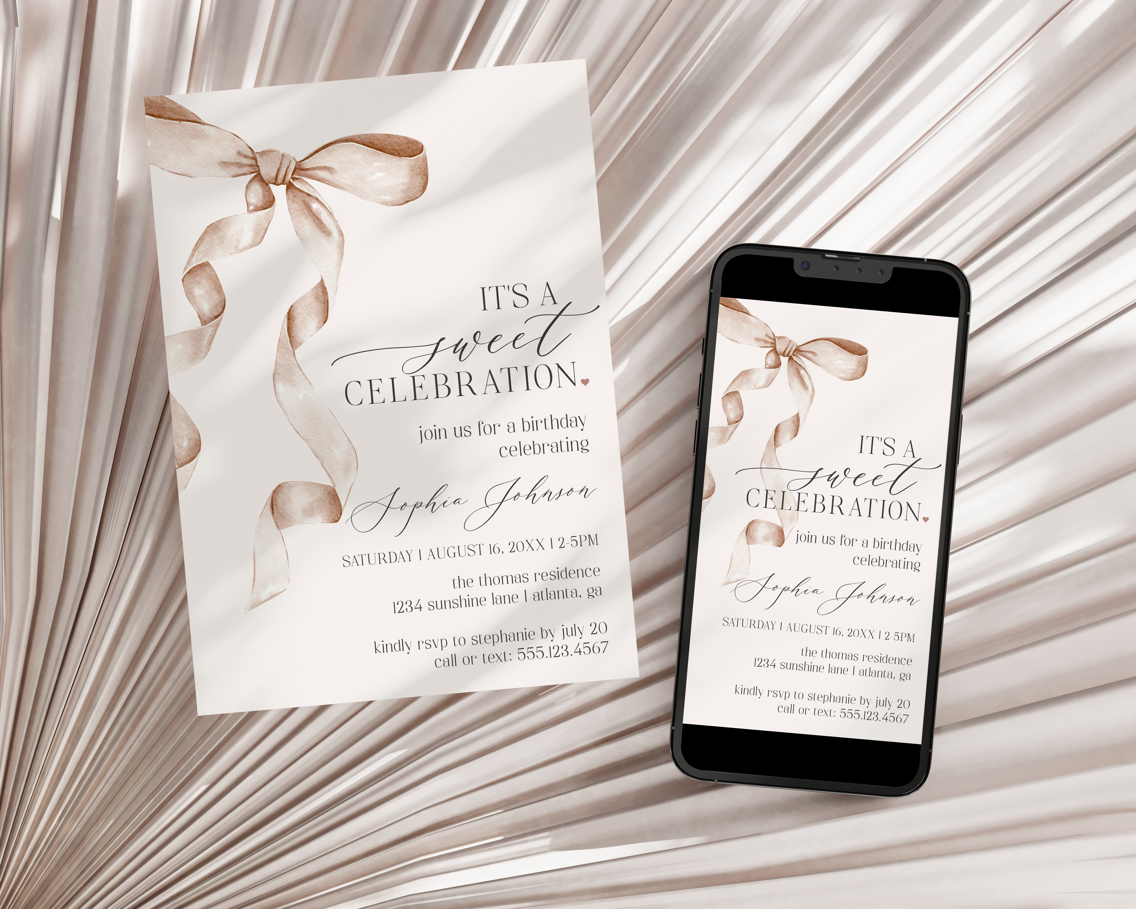 beige bow - birthday invite design preview