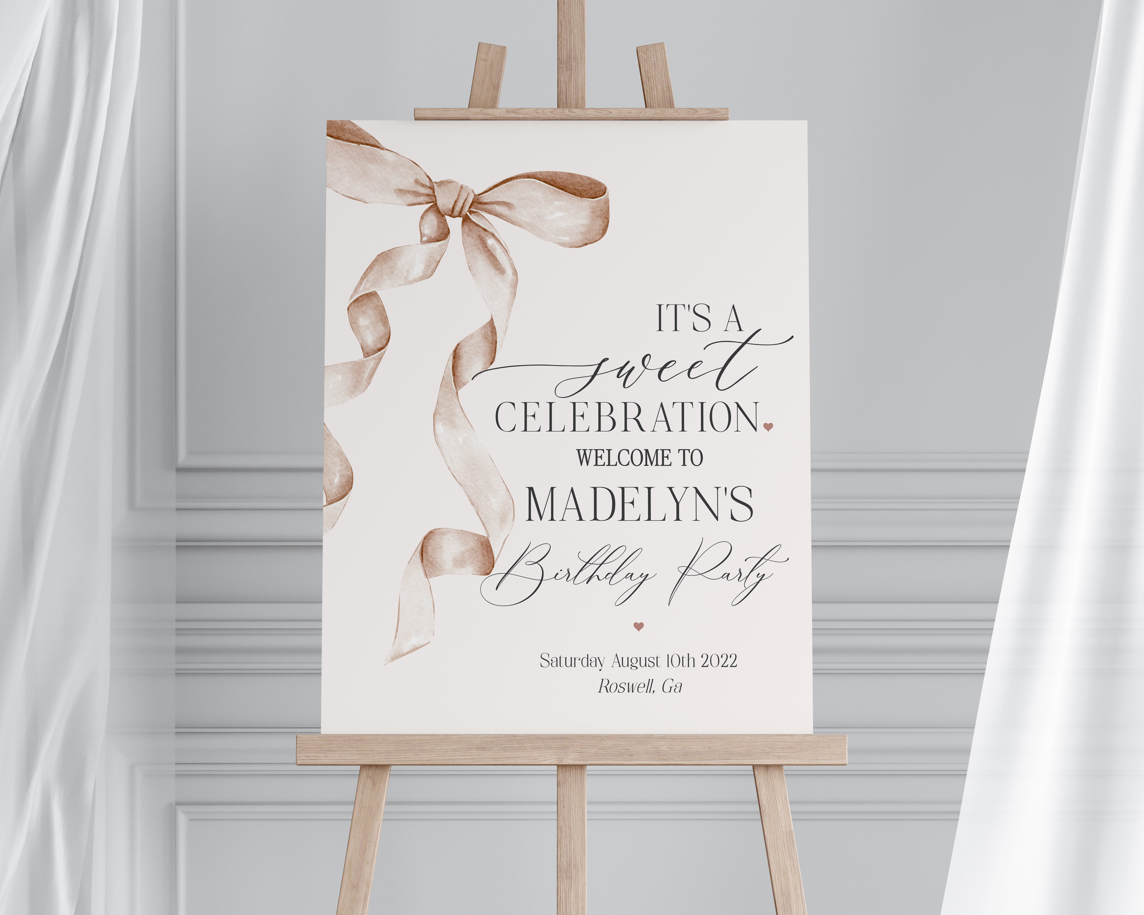 beige bow - birthday welcome sign design preview