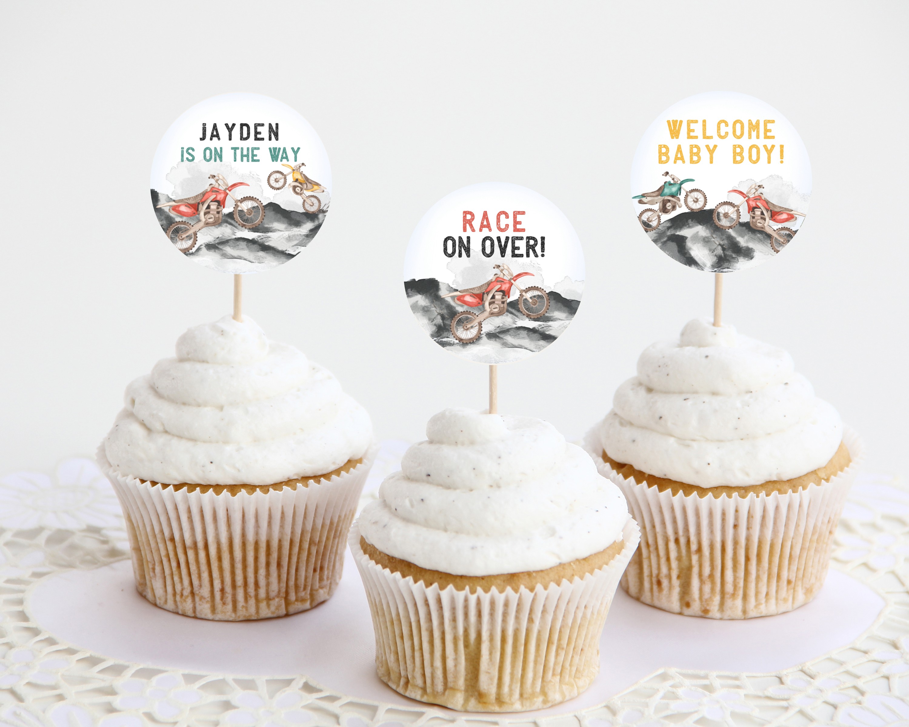 dirt bike - baby shower cupcake toppers design preview