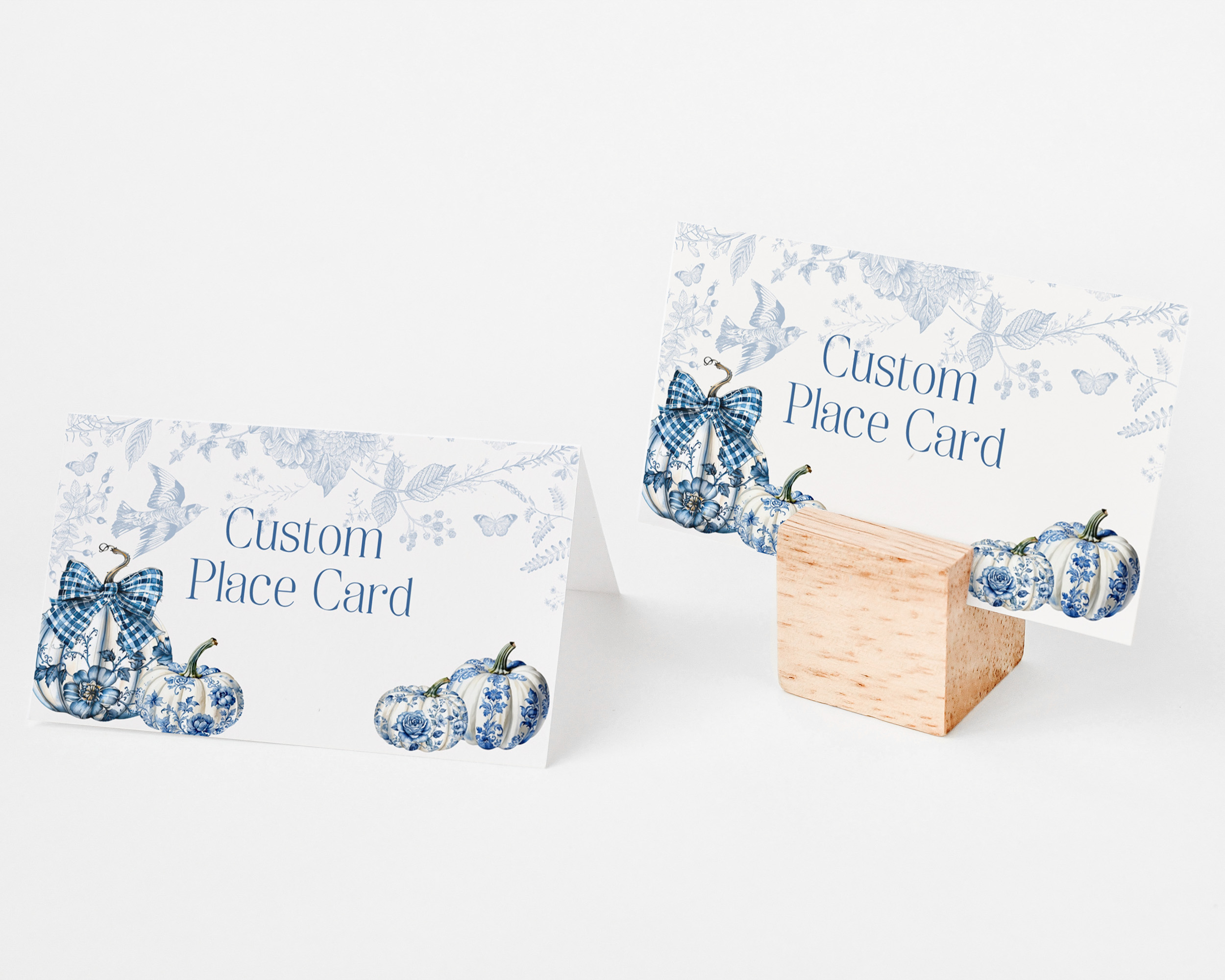 blue toile pumpkin - place cards design preview