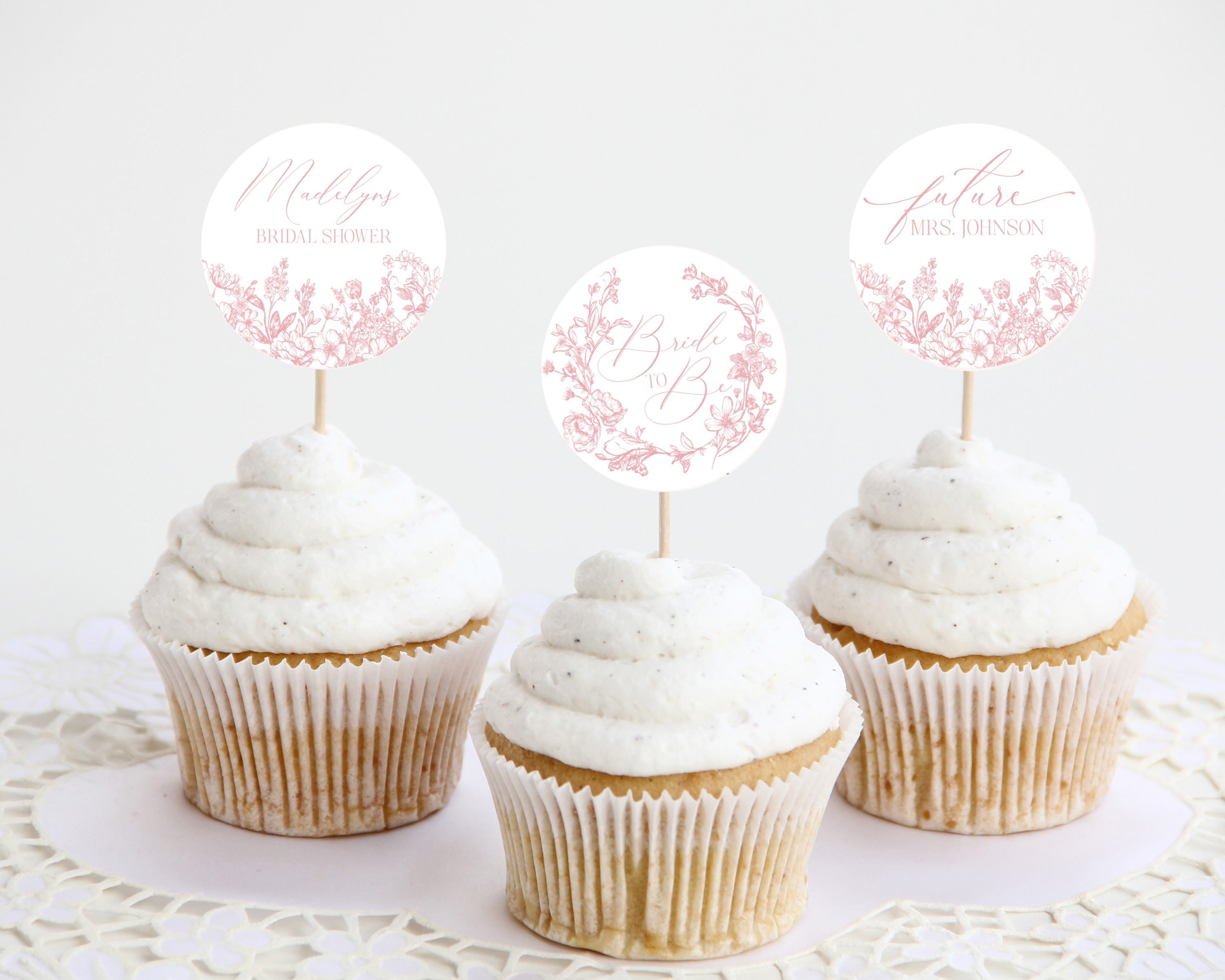 pink chinoiserie - bridal shower cupcake toppers design preview