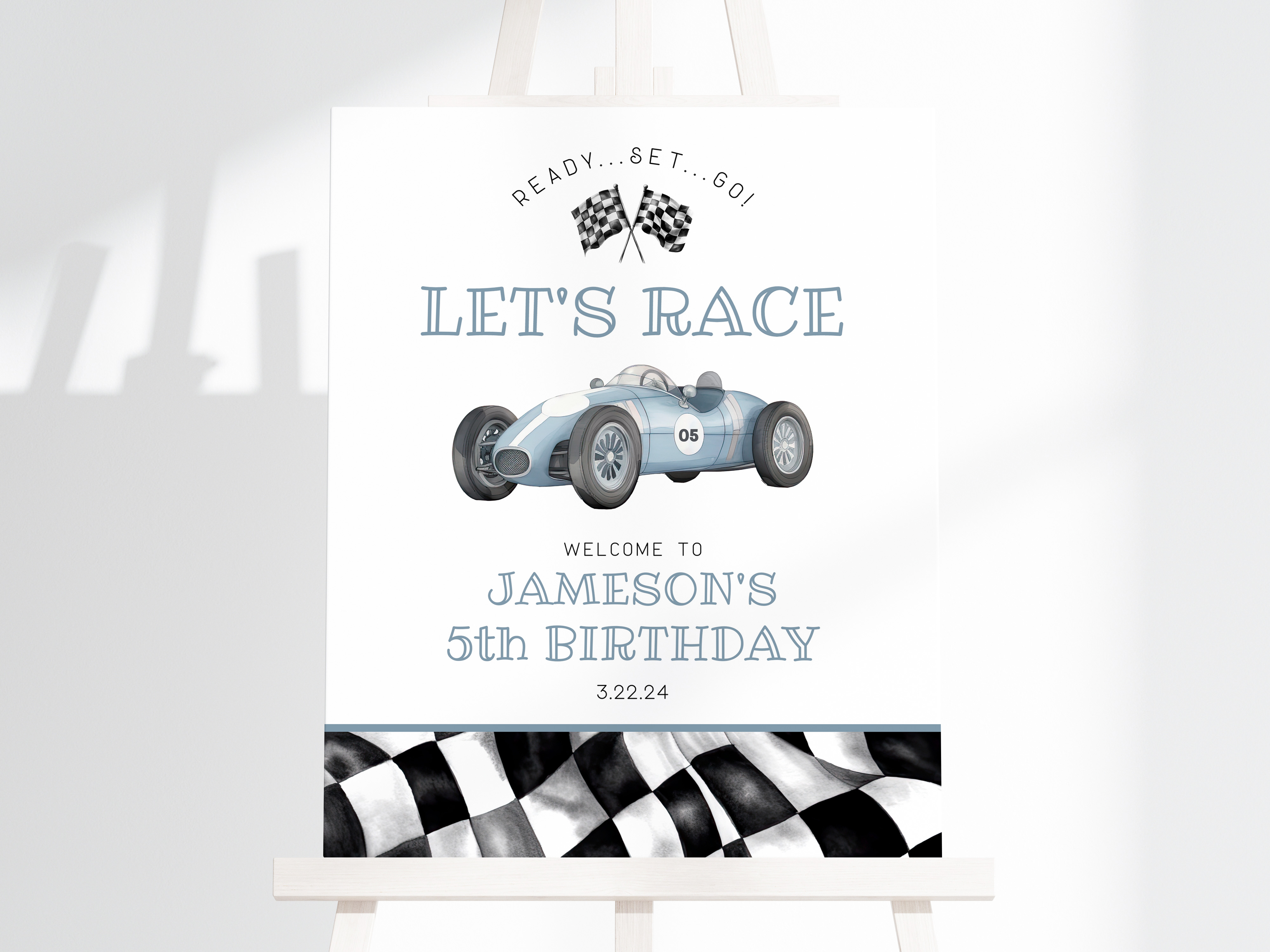 blue race car - birthday welcome sign design preview