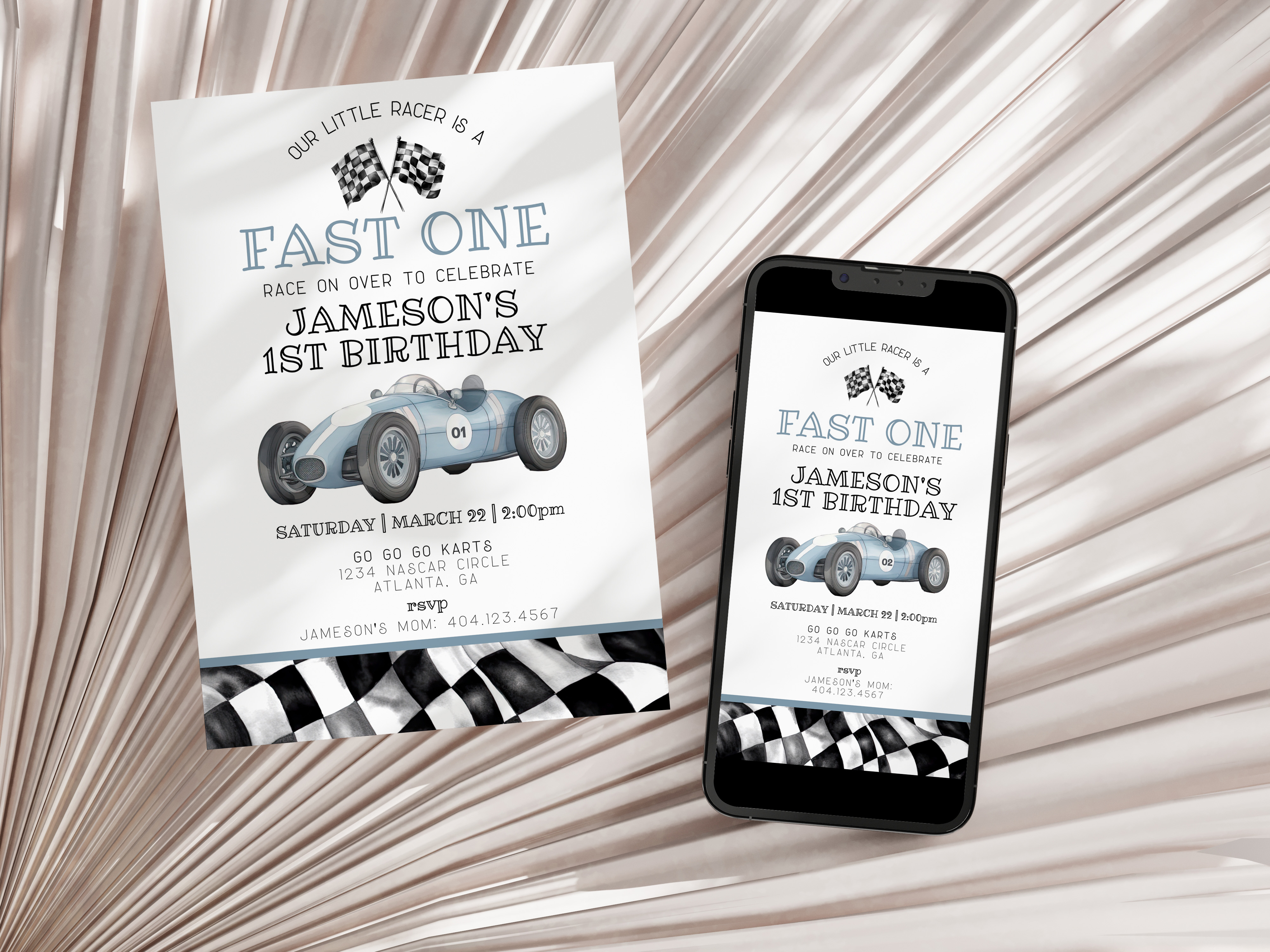 blue race car - first birthday invite design preview