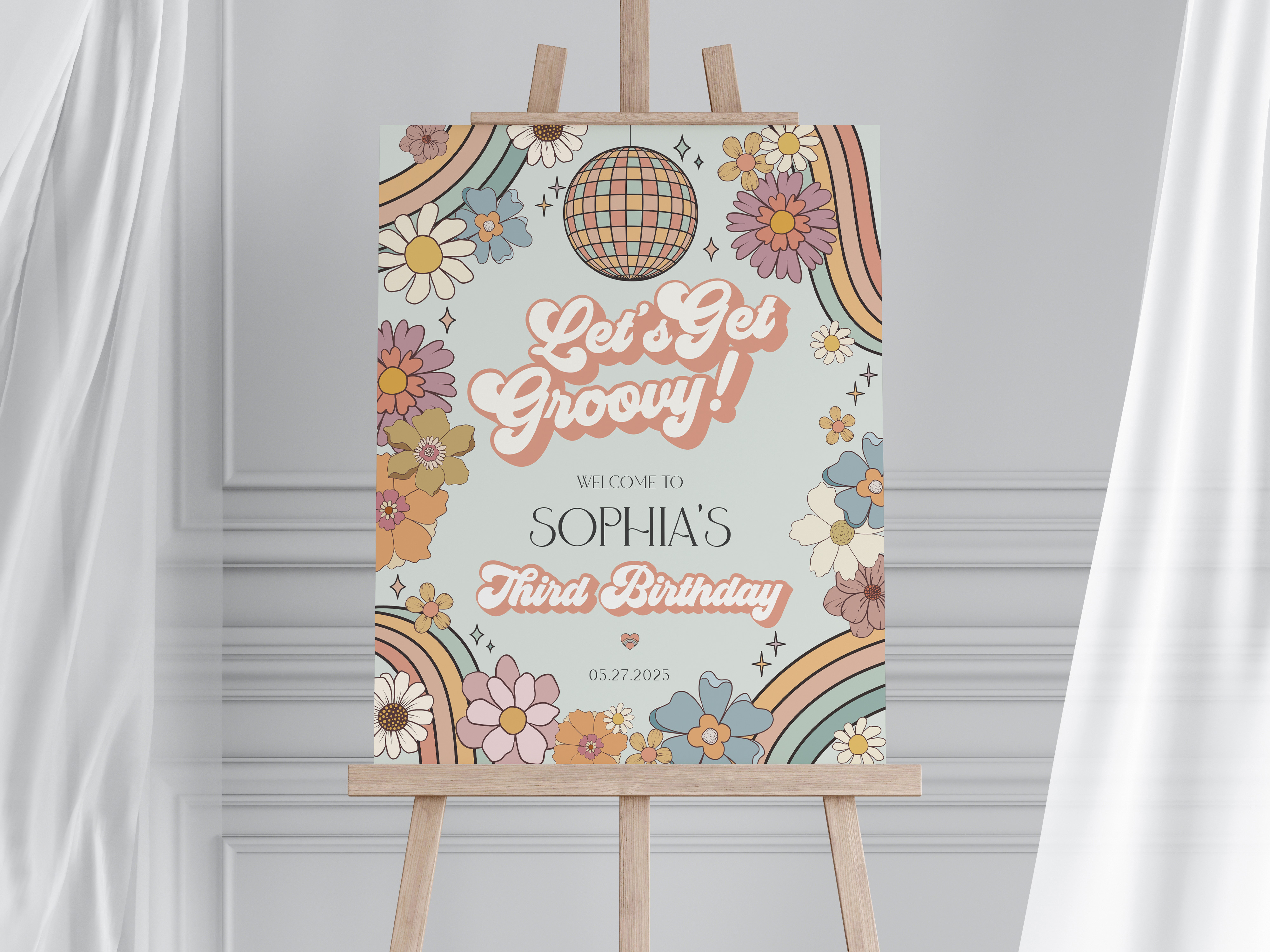 groovy floral - birthday welcome sign design preview