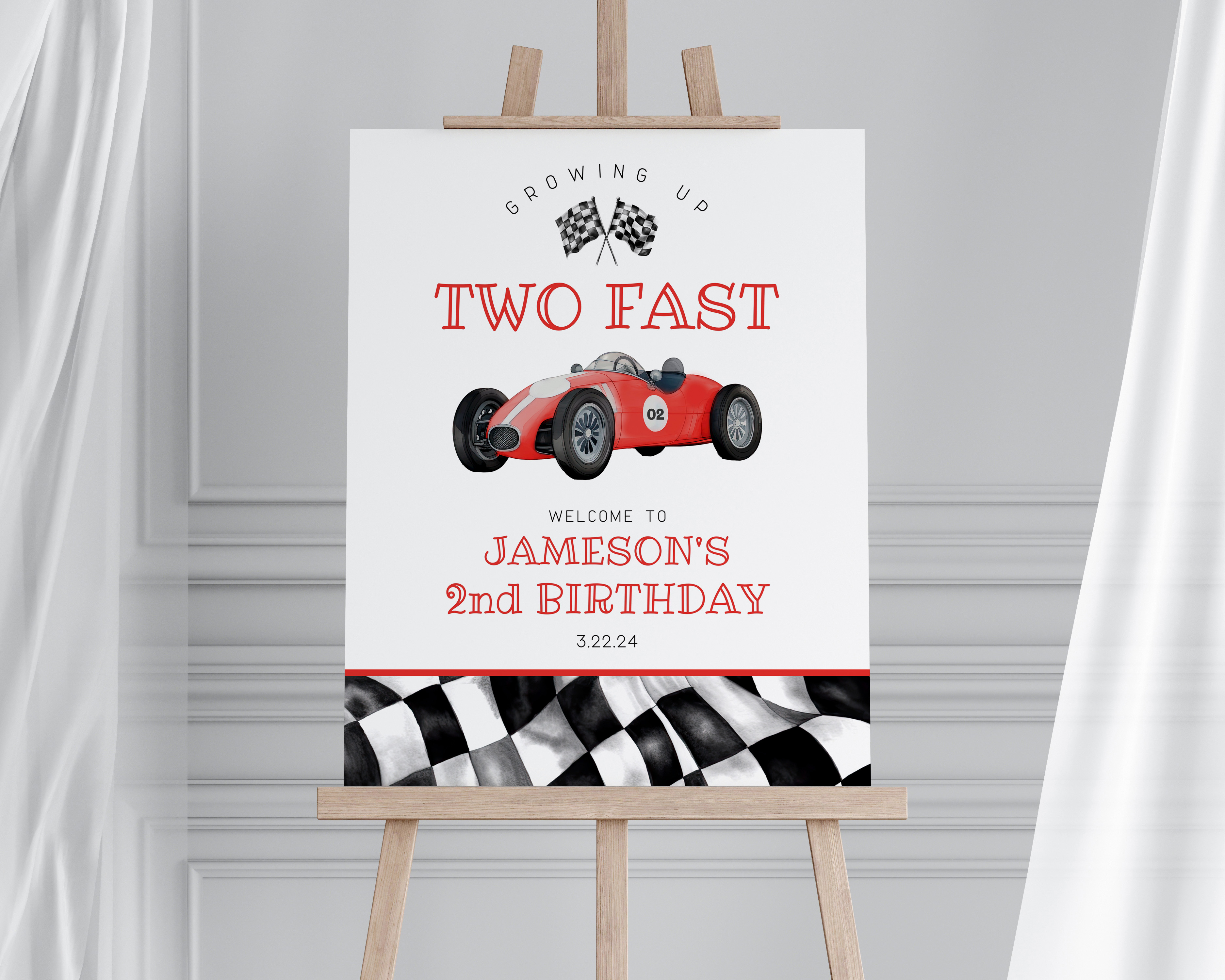 red race car - second birthday welcome sign design preview