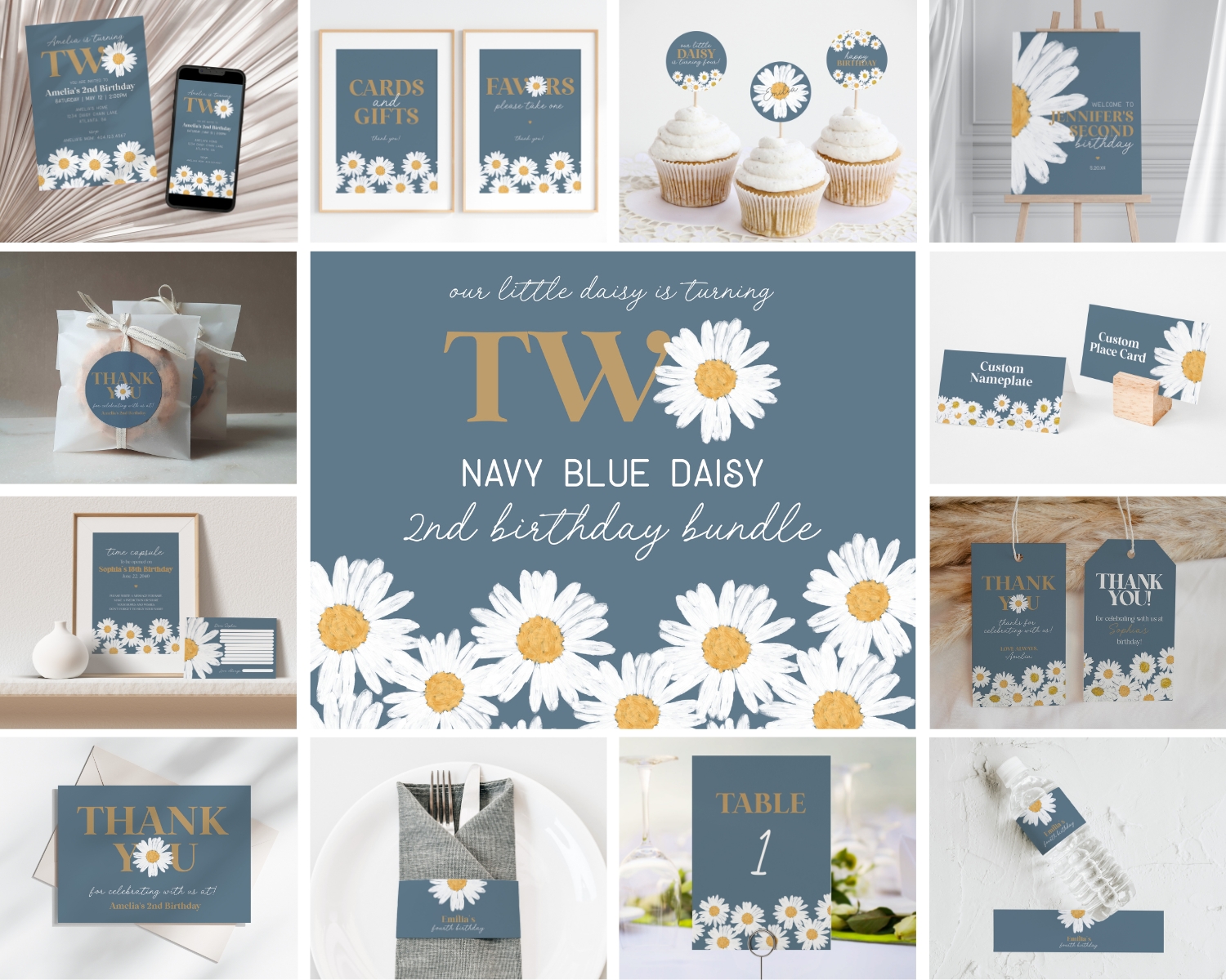 navy daisy - second birthday bundle design preview