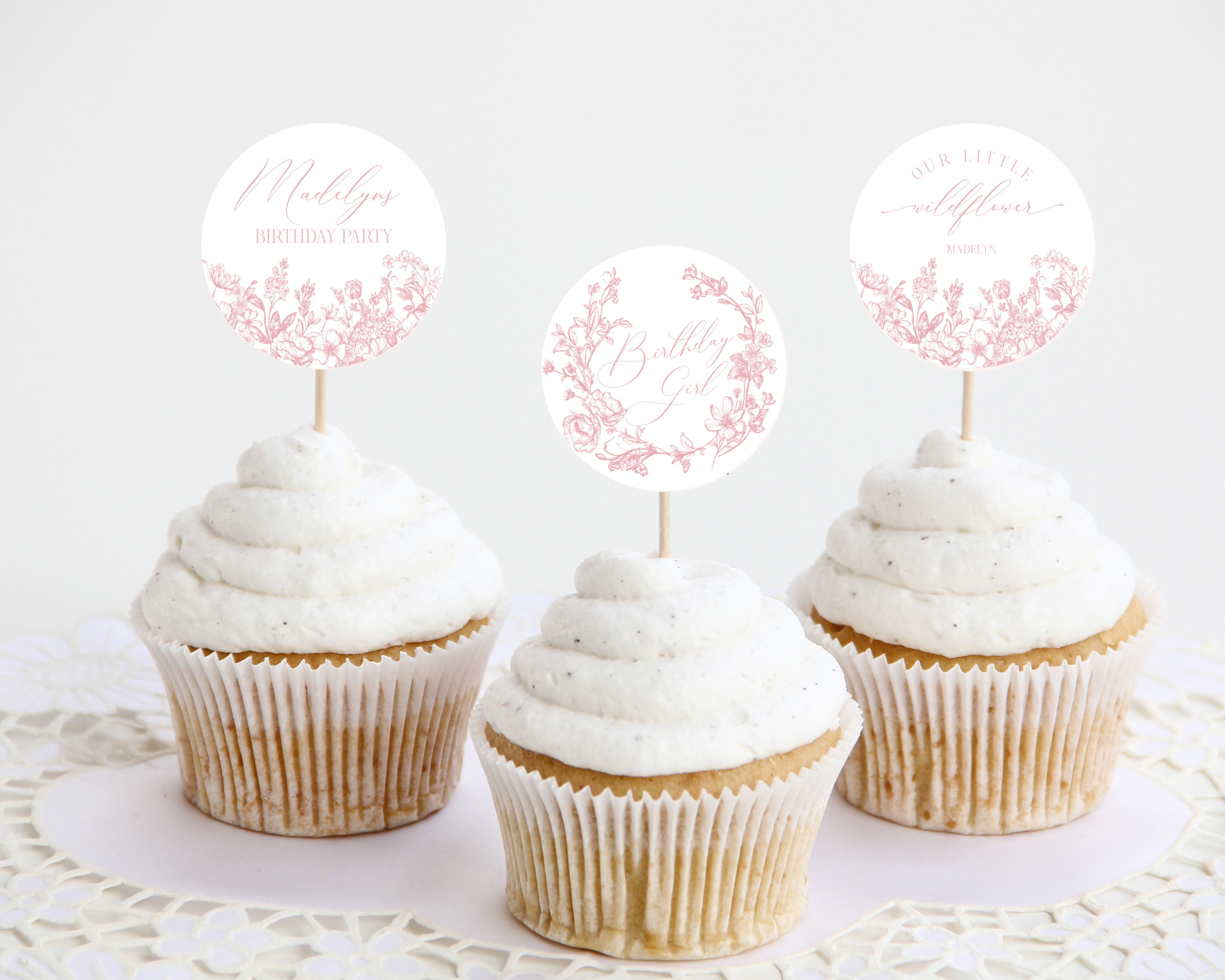 pink chinoiserie - birthday cupcake toppers design preview