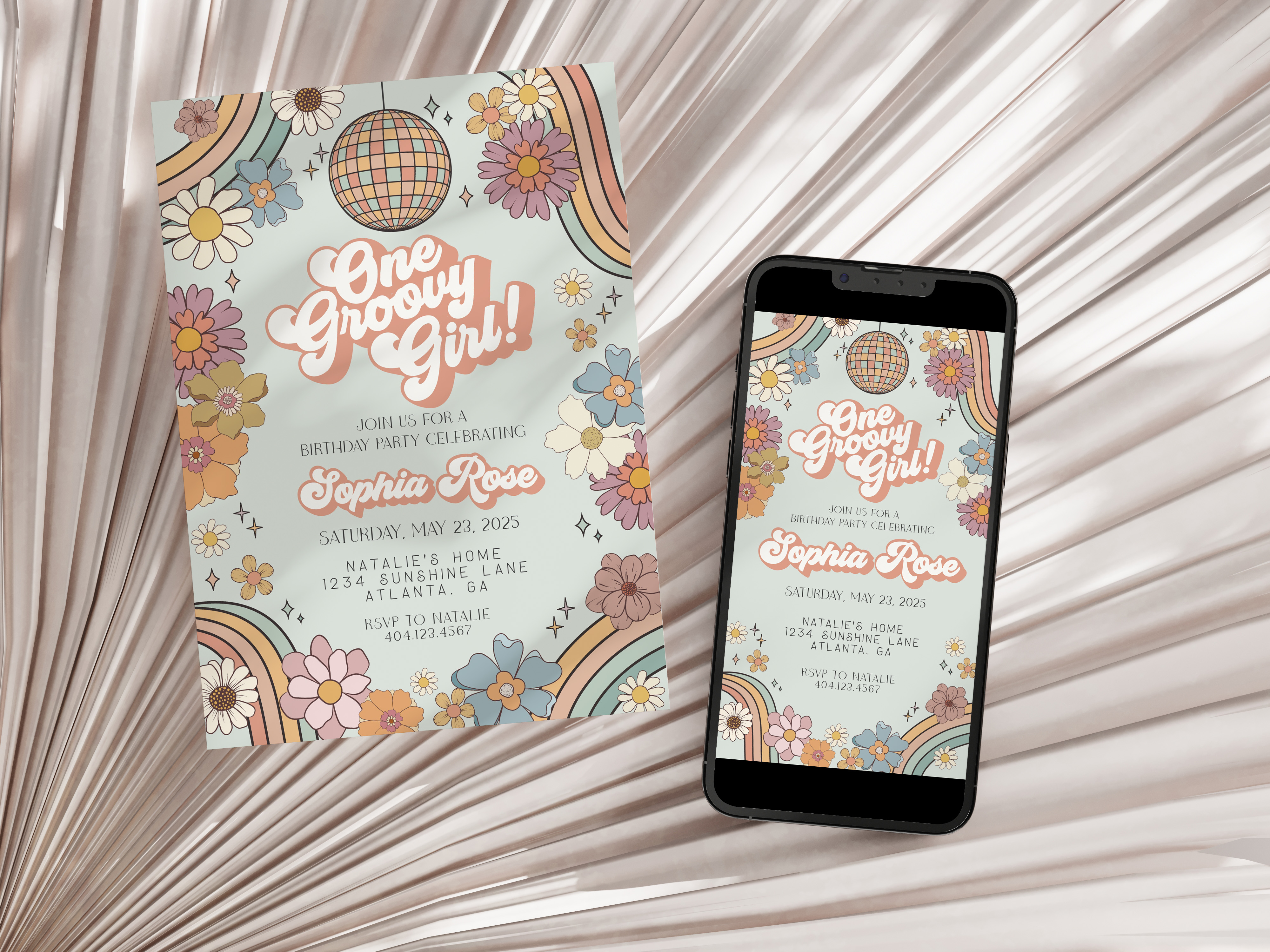 groovy floral - first birthday invite design preview