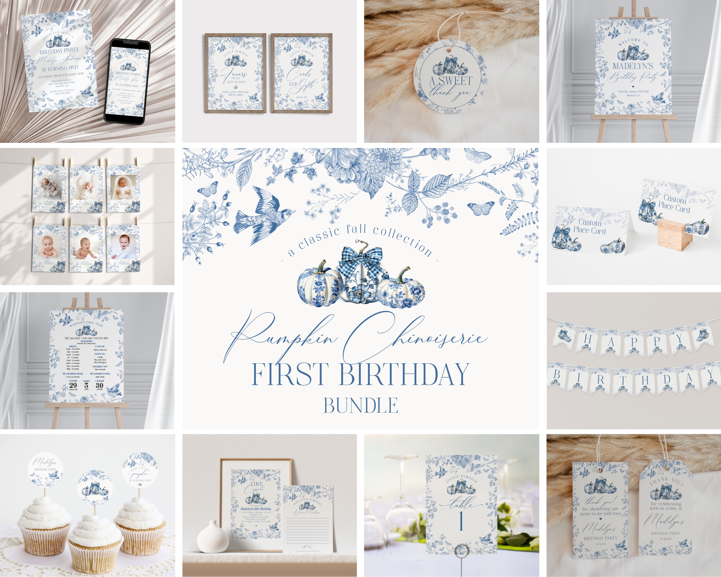 blue toile pumpkin - first birthday bundle design preview