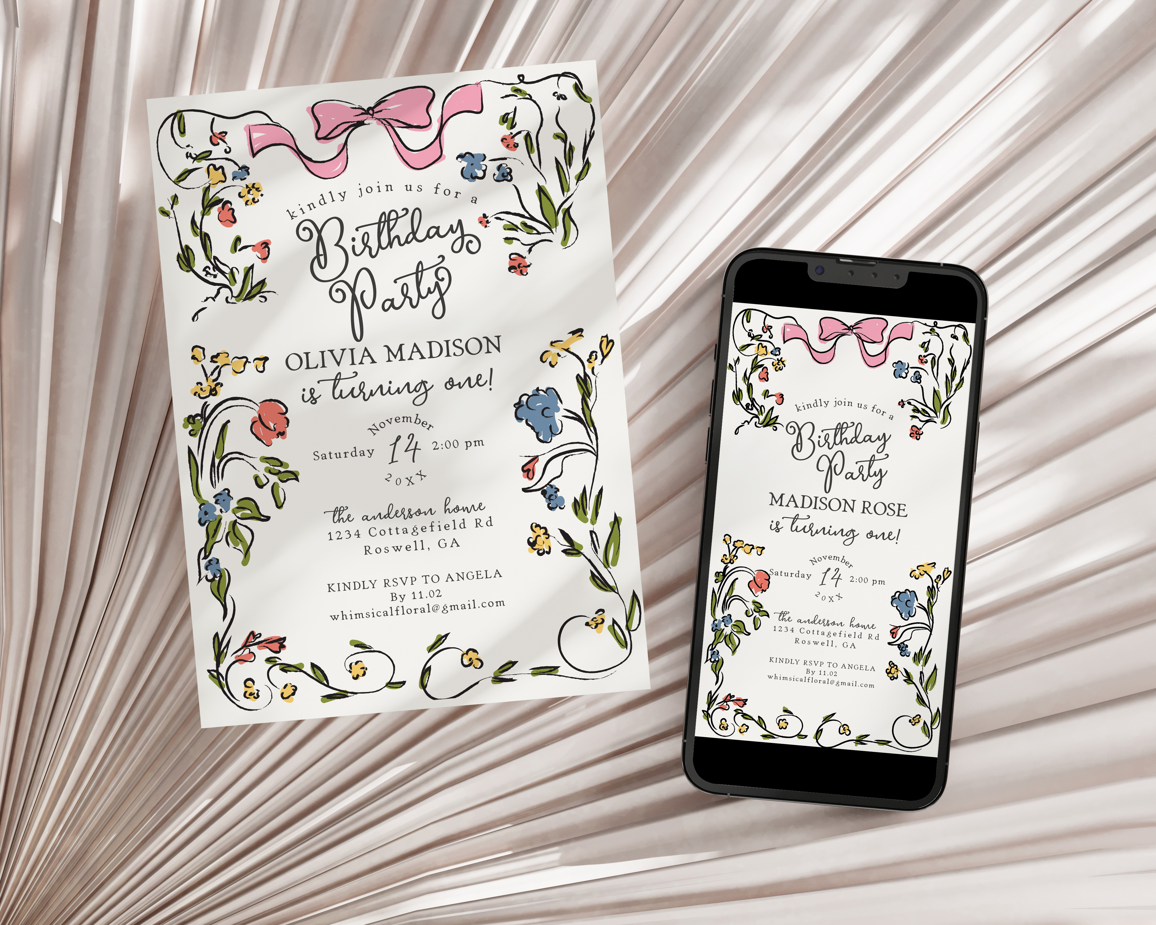 whimsical floral - birthday invite design preview