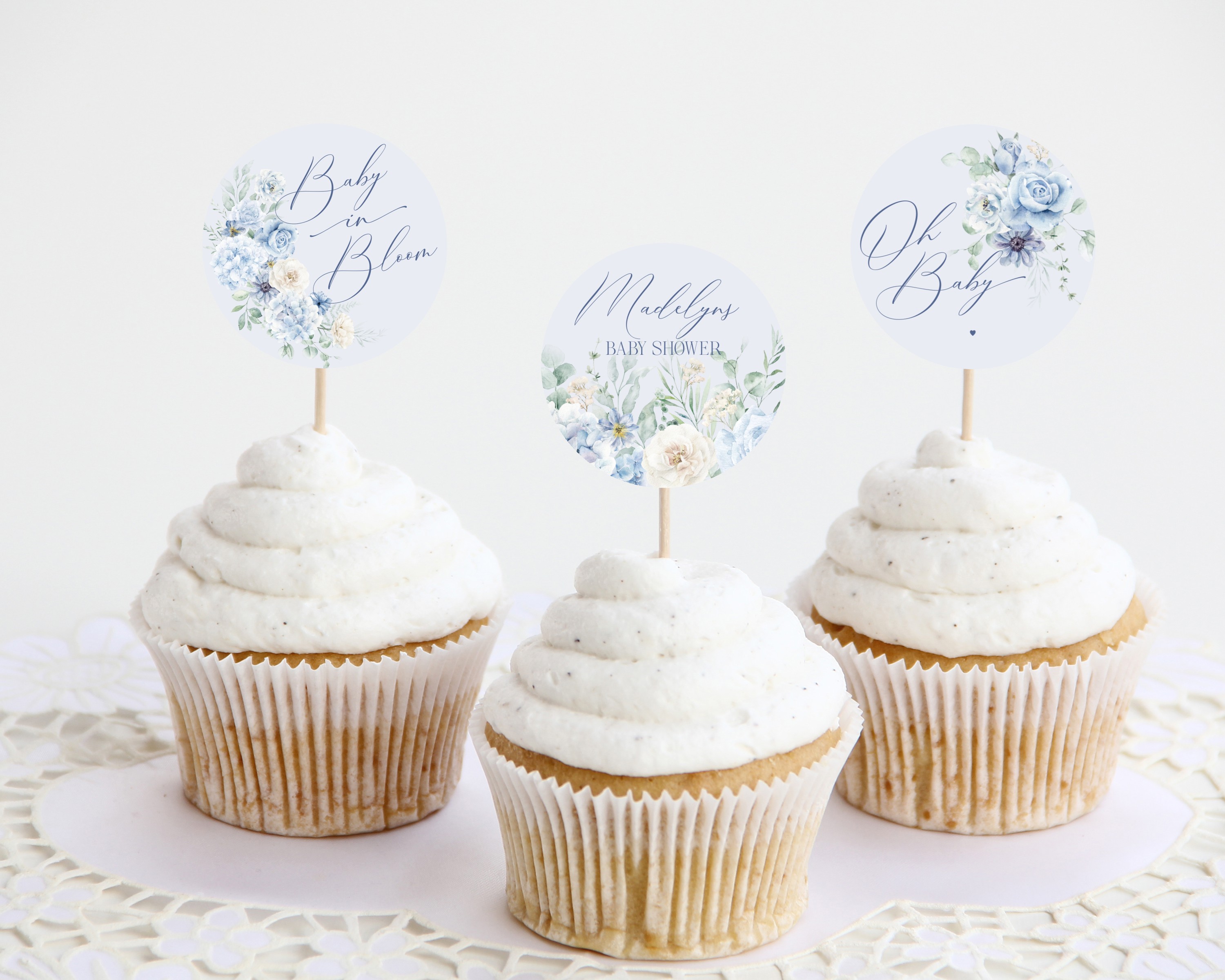 blue floral - baby shower cupcake toppers design preview