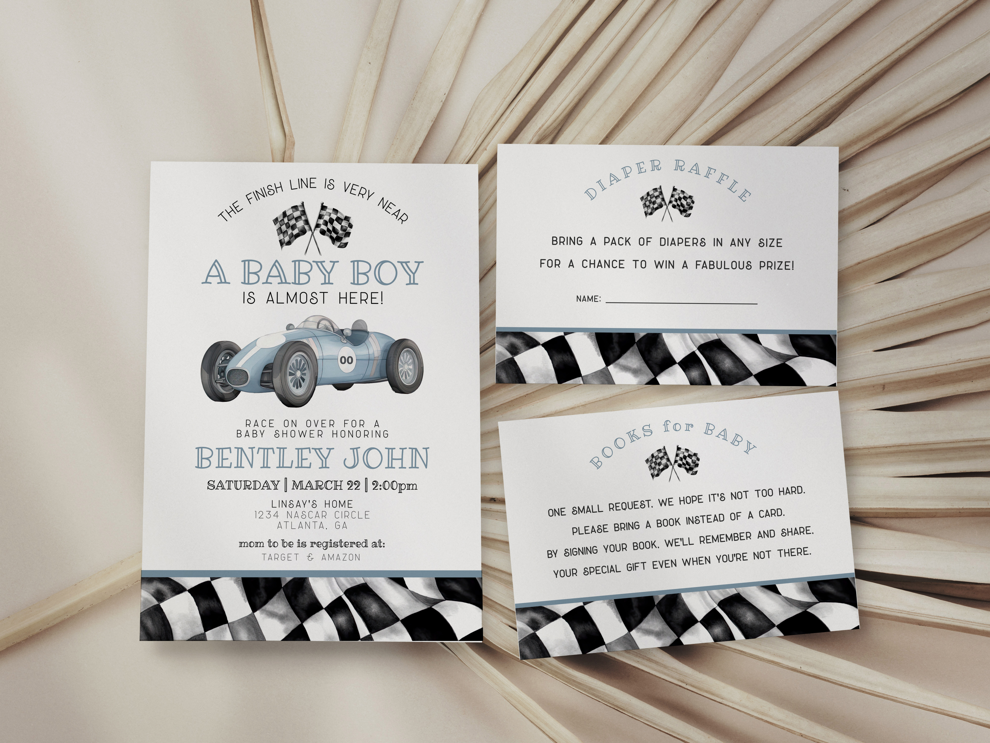 blue race car - baby shower invite design preview
