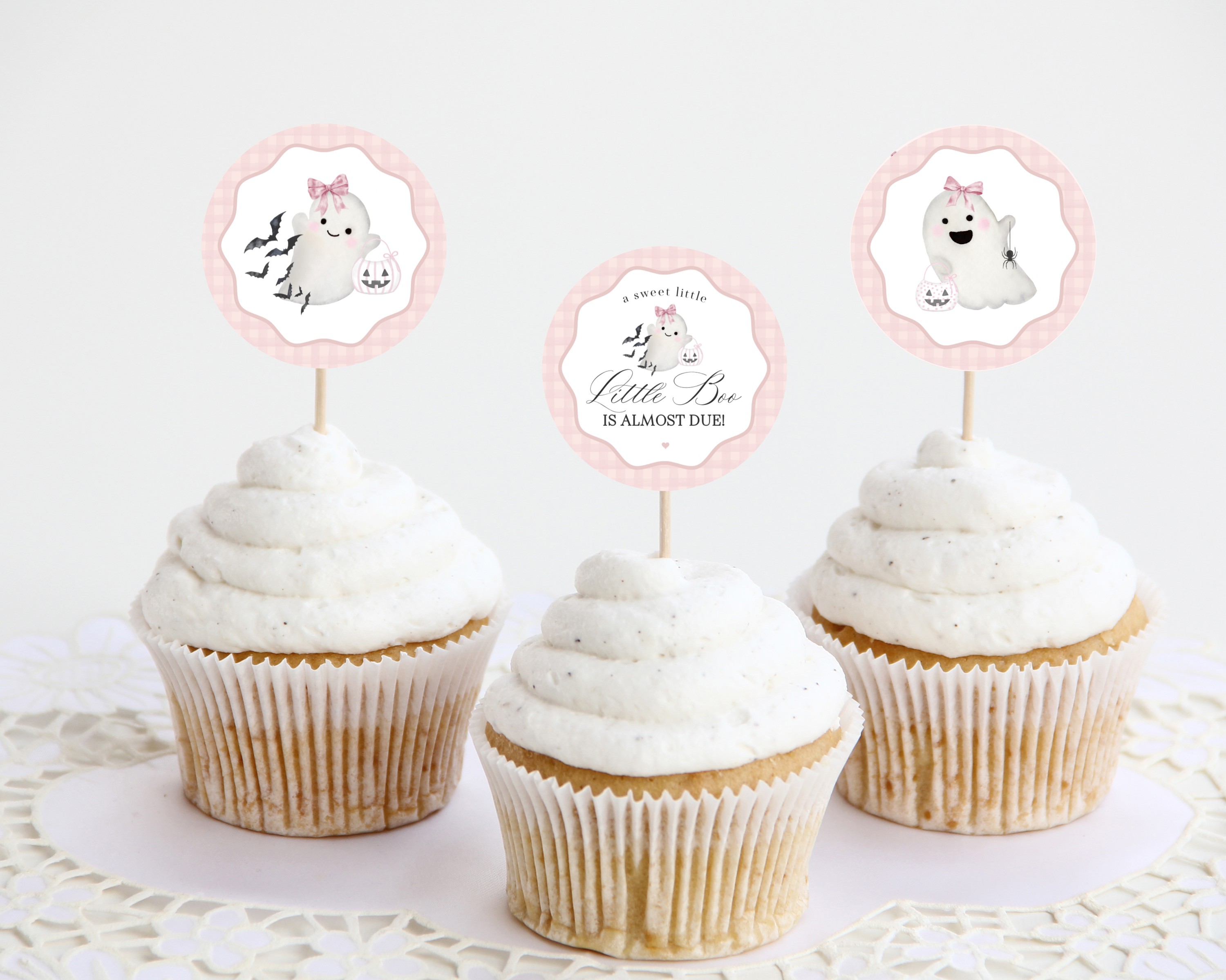 pink preppy halloween - baby shower cupcake toppers design preview