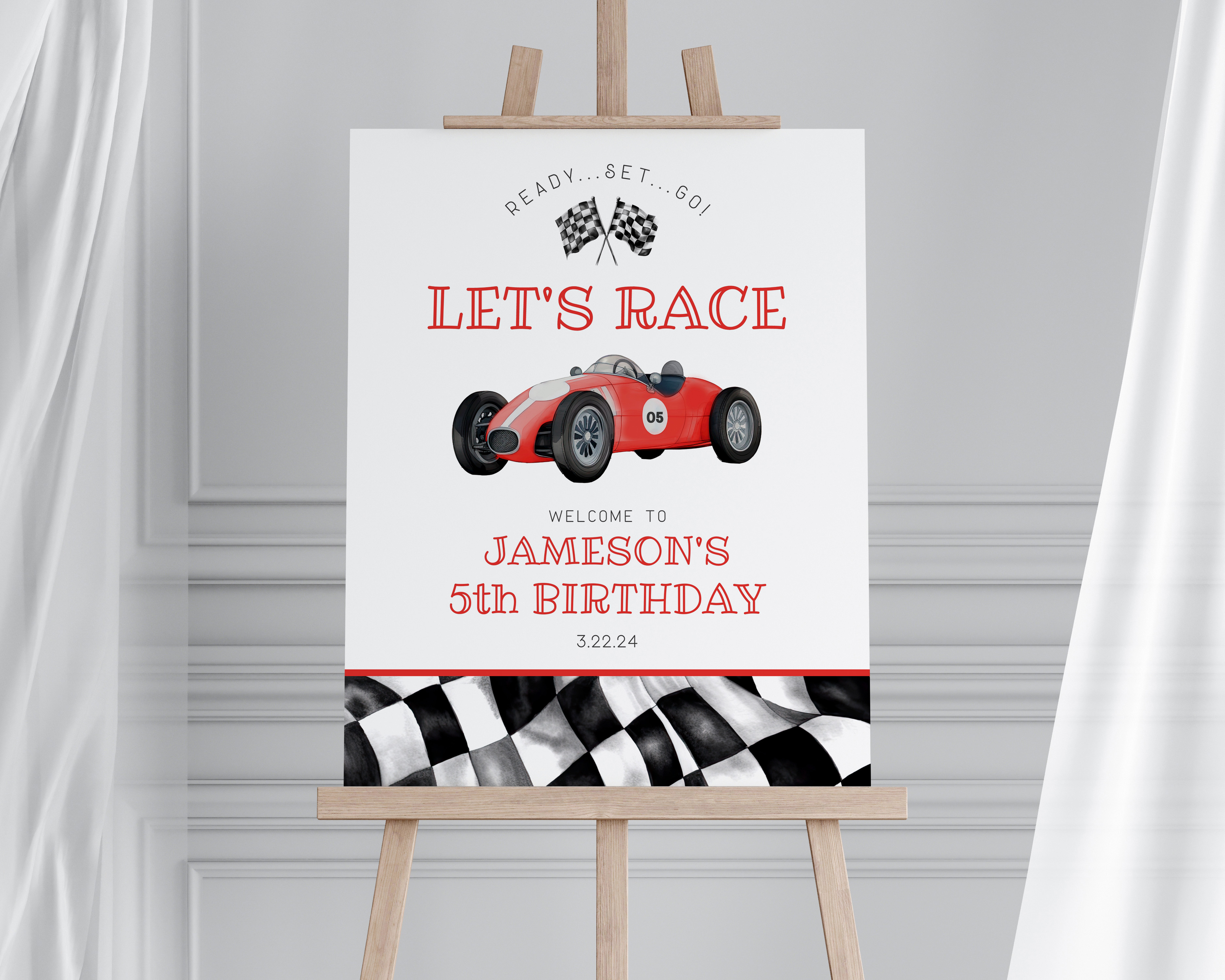 red race car - birthday welcome sign design preview