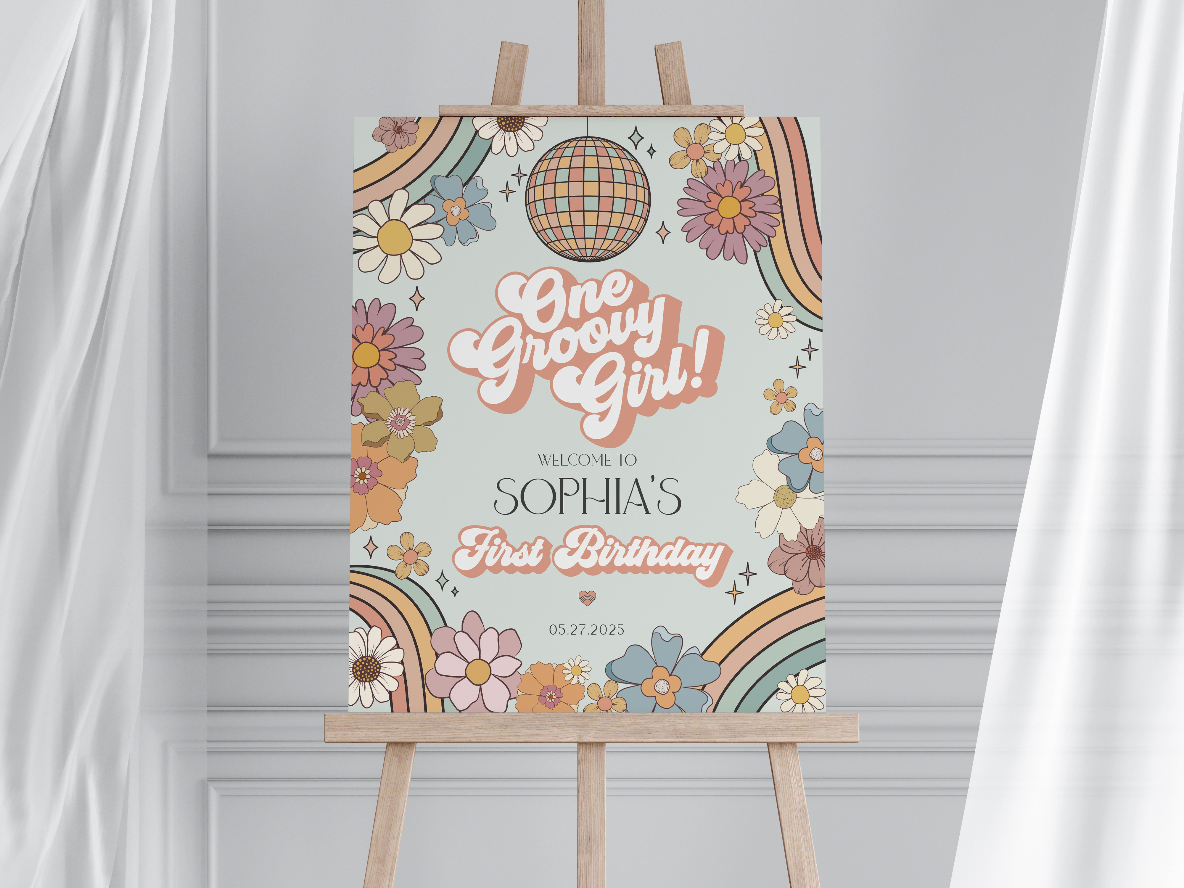 groovy floral - first birthday welcome sign design preview