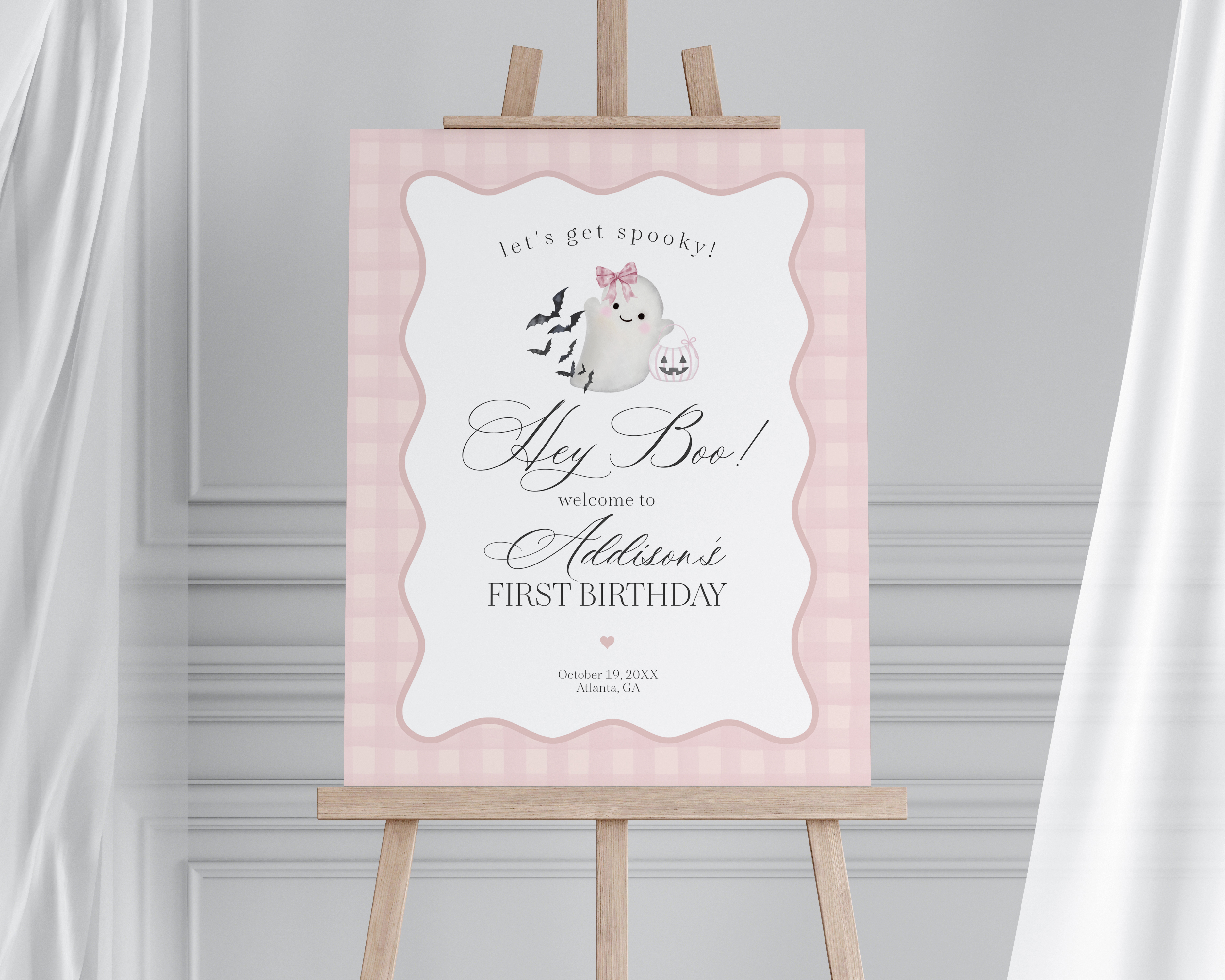 pink preppy halloween - birthday welcome sign design preview