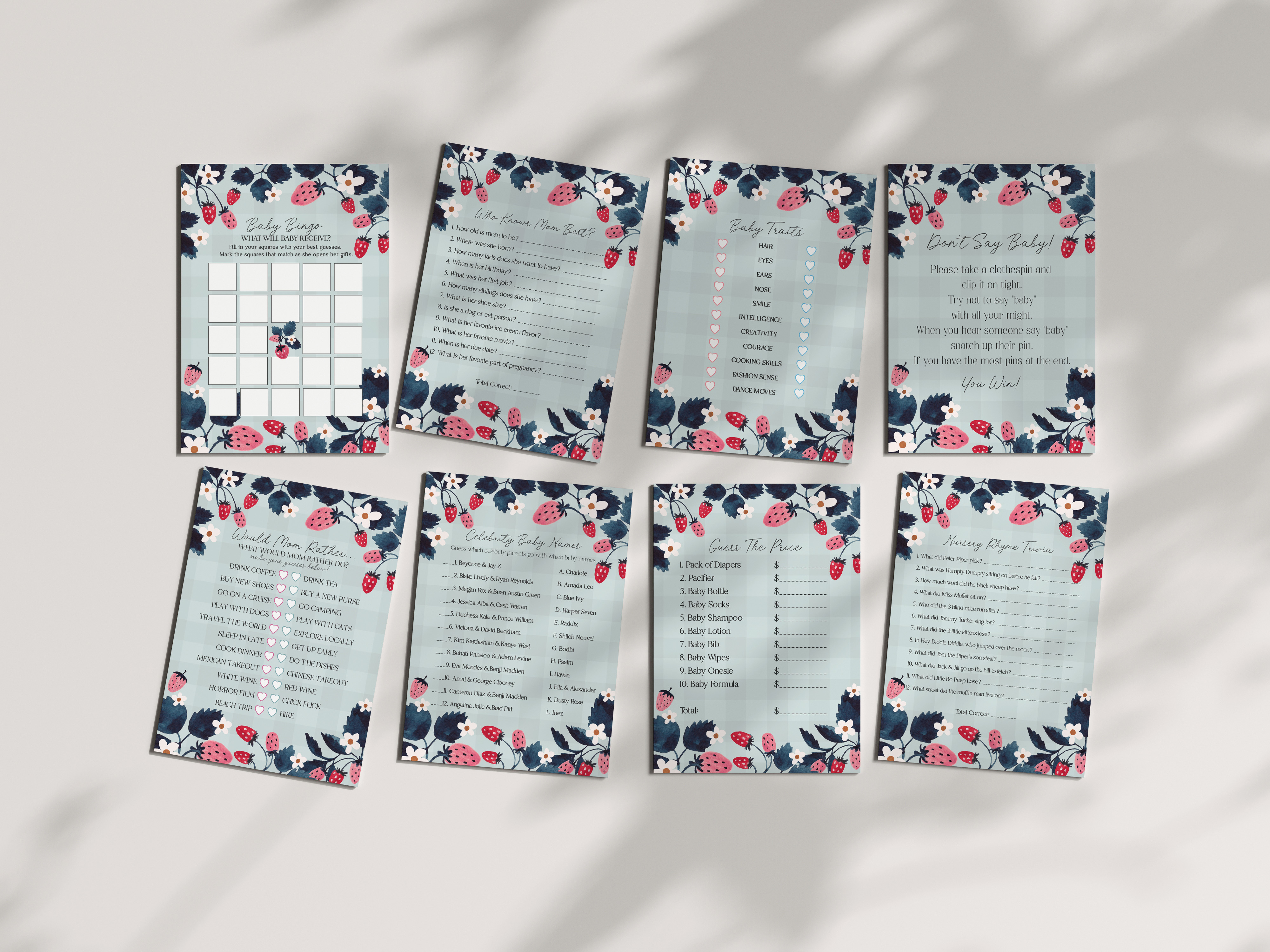 mint strawberry - baby shower games design preview