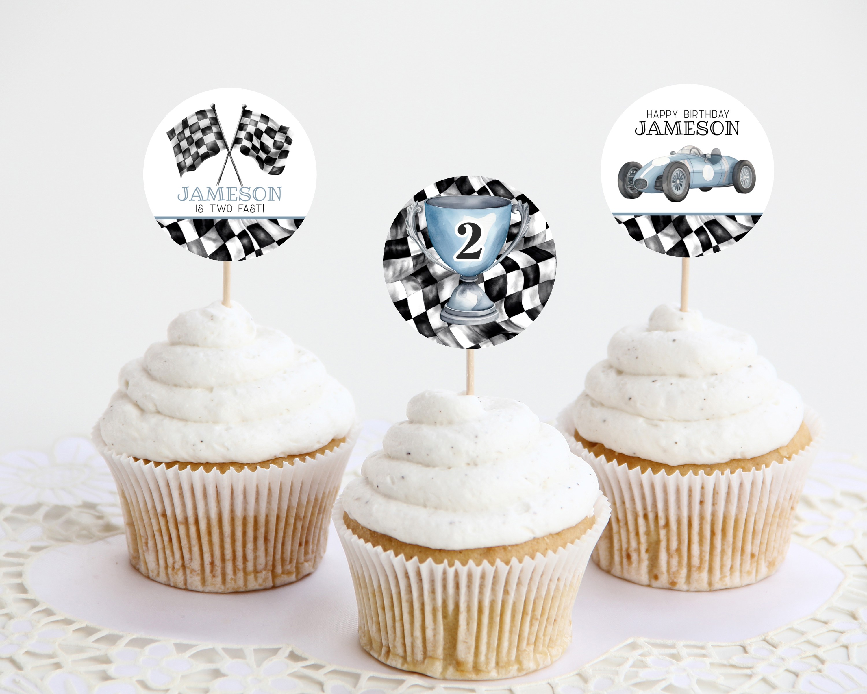 blue race car - second birthday cupcake toppers design preview