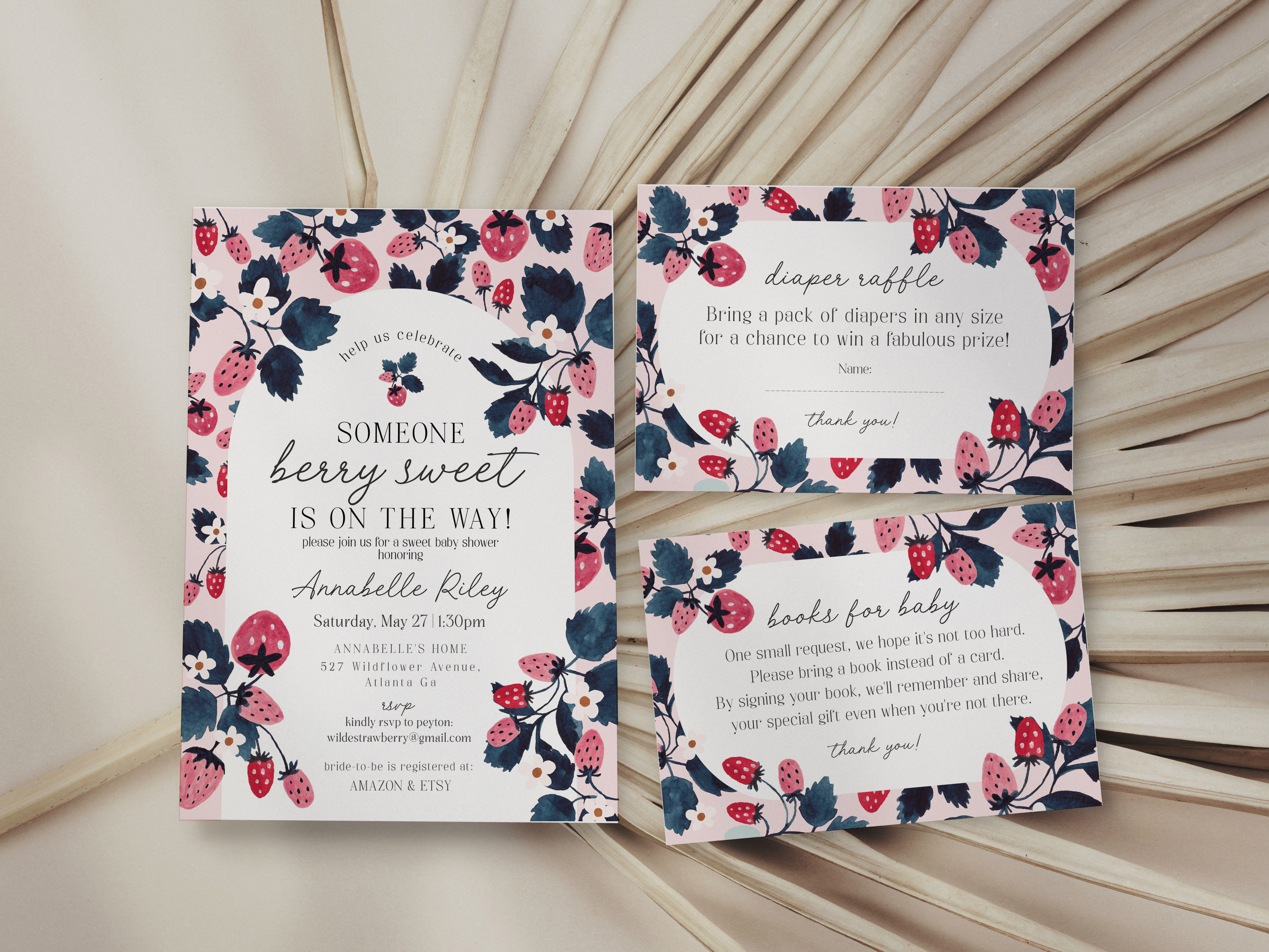 pink strawberry - baby shower invite design preview