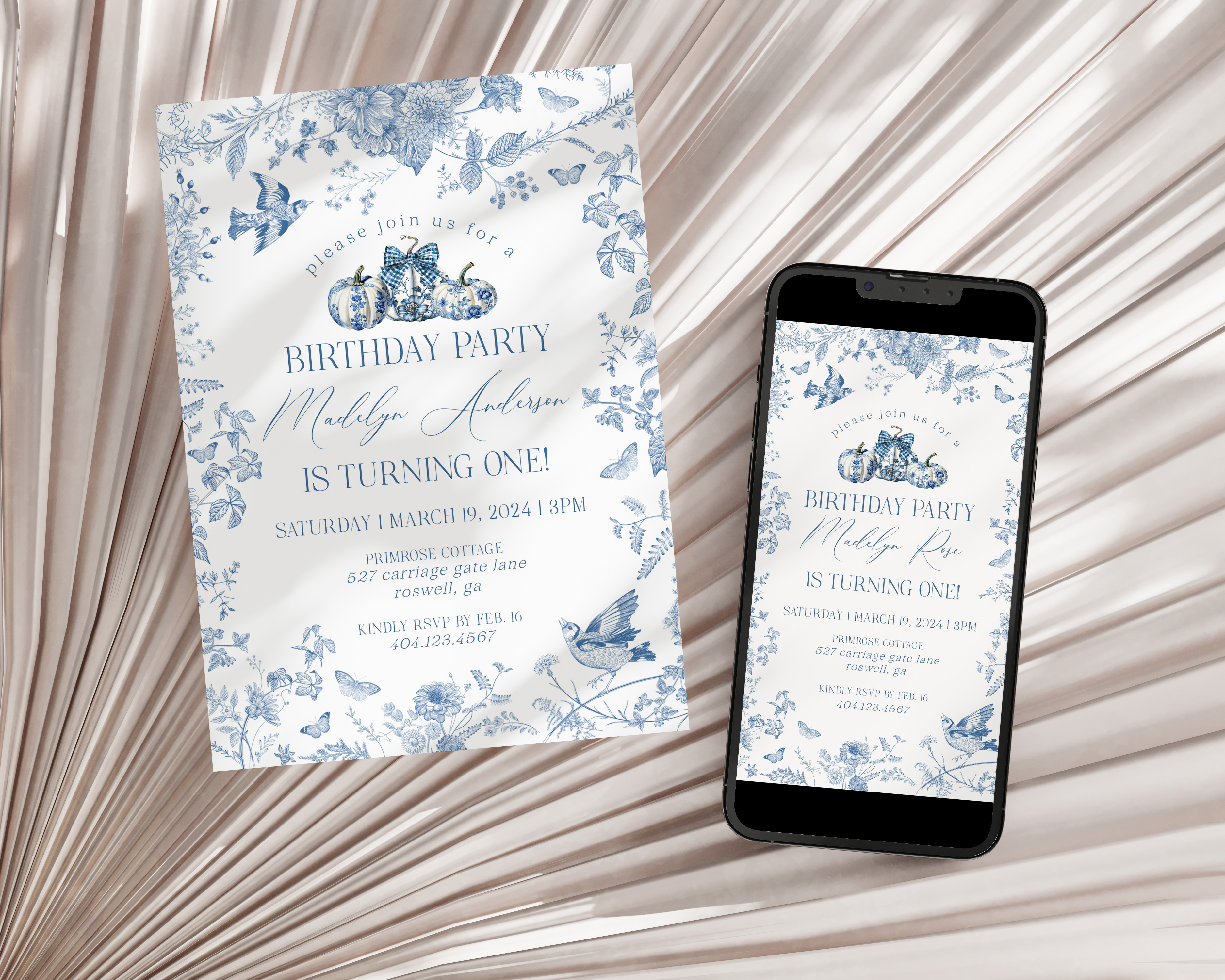 blue toile pumpkin - birthday invite design preview