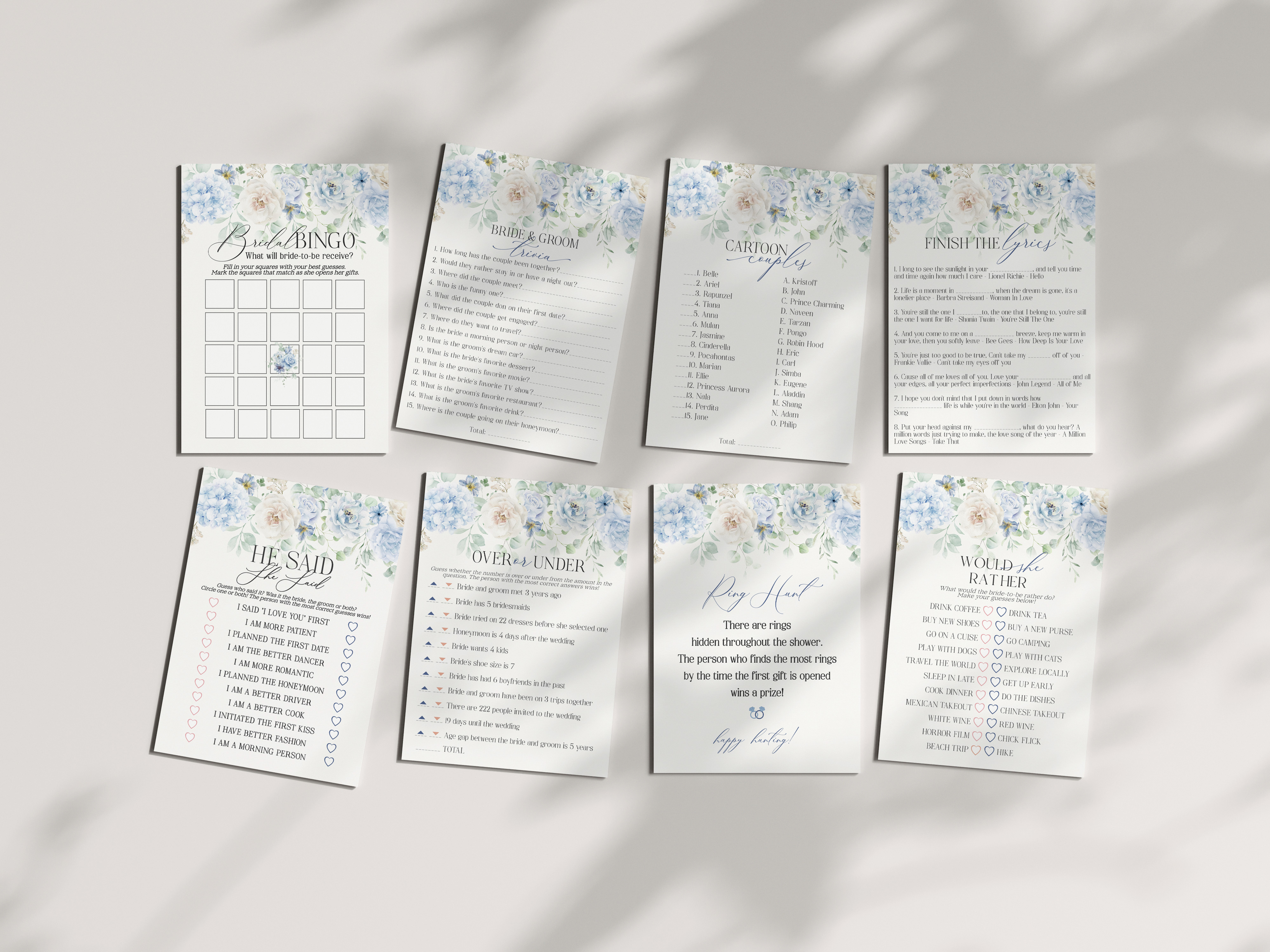 blue floral - bridal shower games design preview