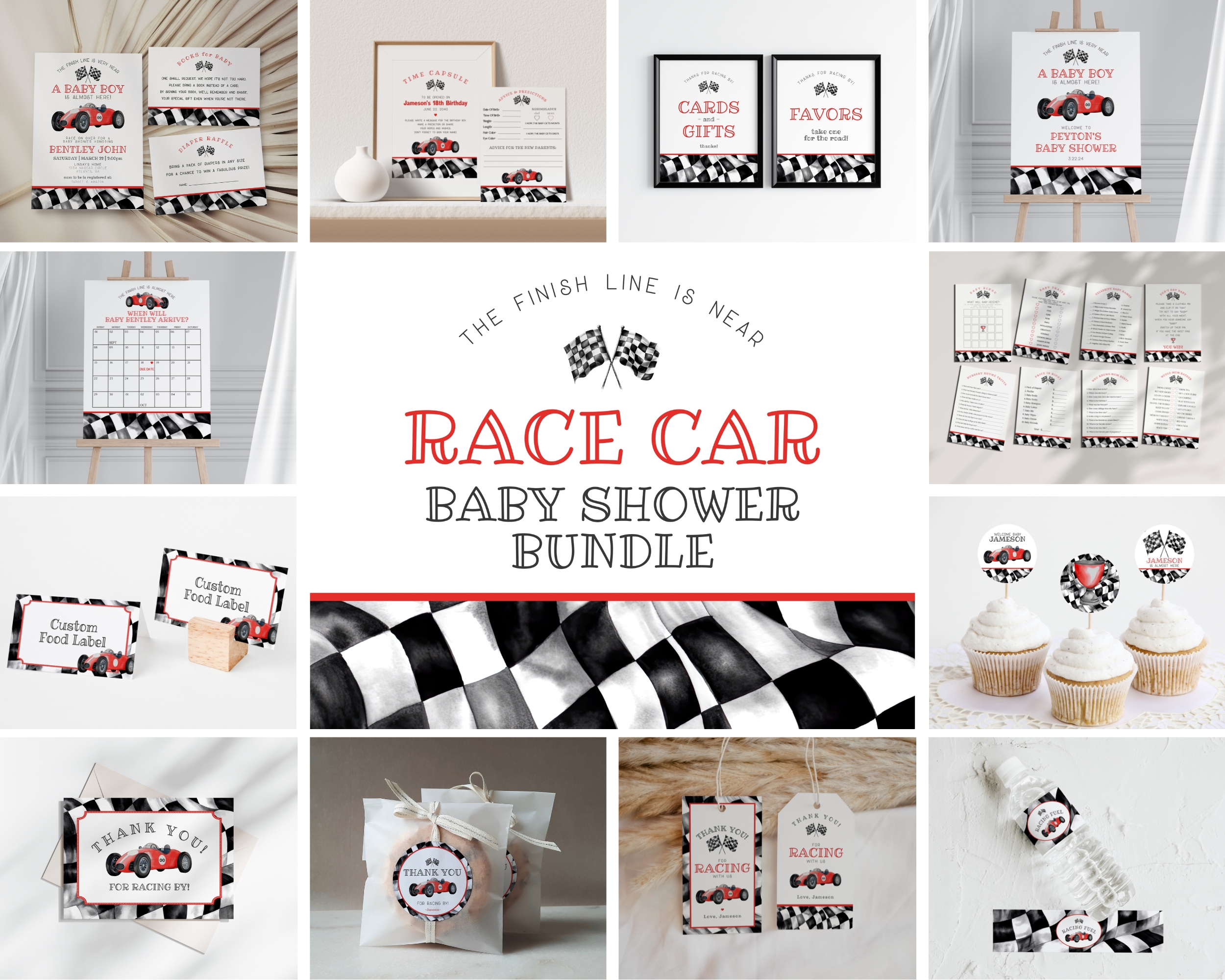 red race car - baby shower bundle design preview