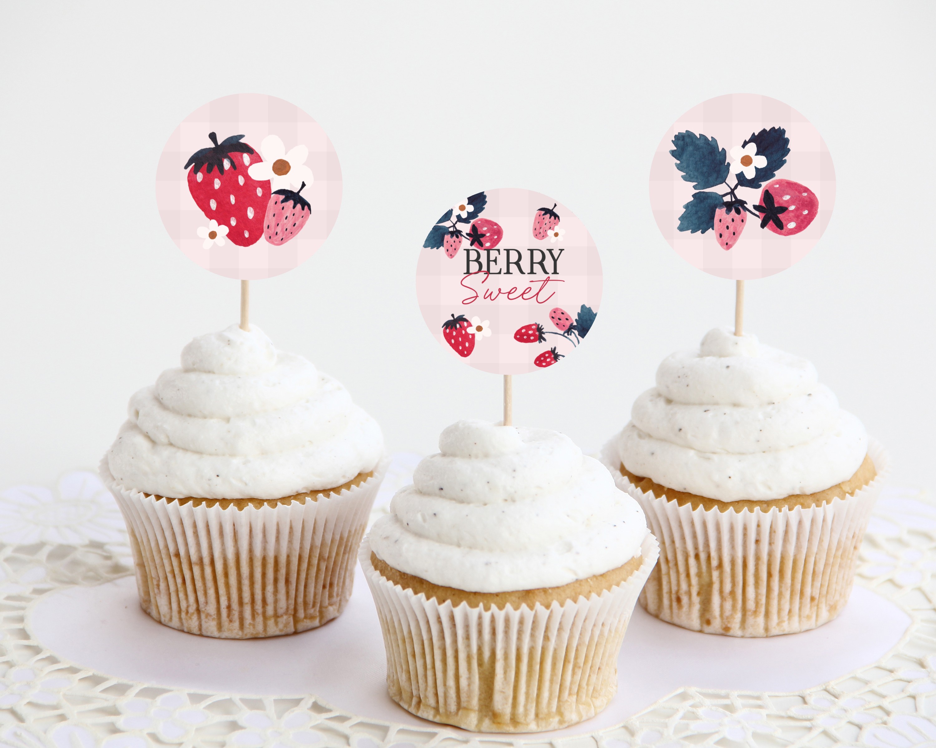 pink strawberry - cupcake toppers design preview