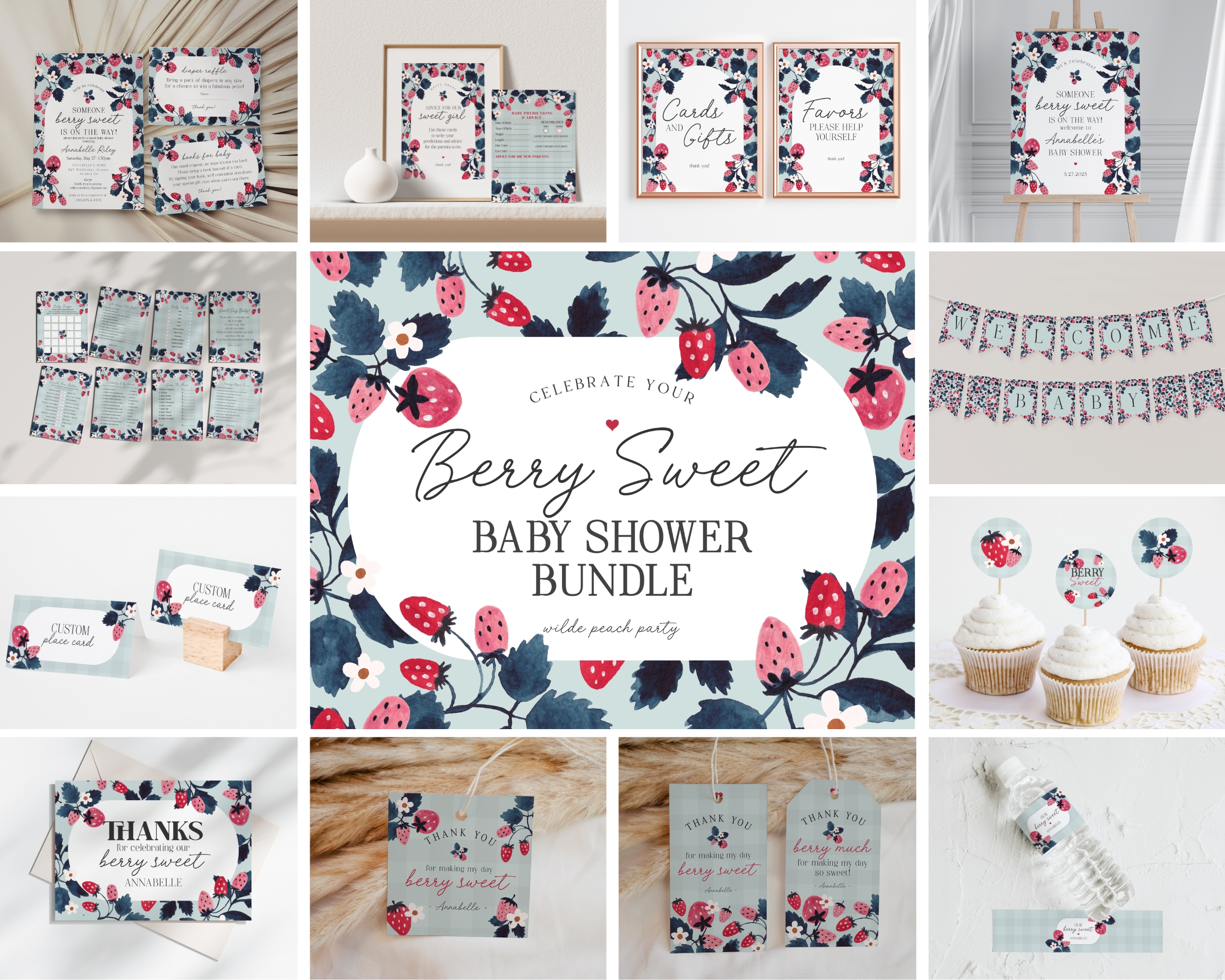 mint strawberry - baby shower bundle design preview