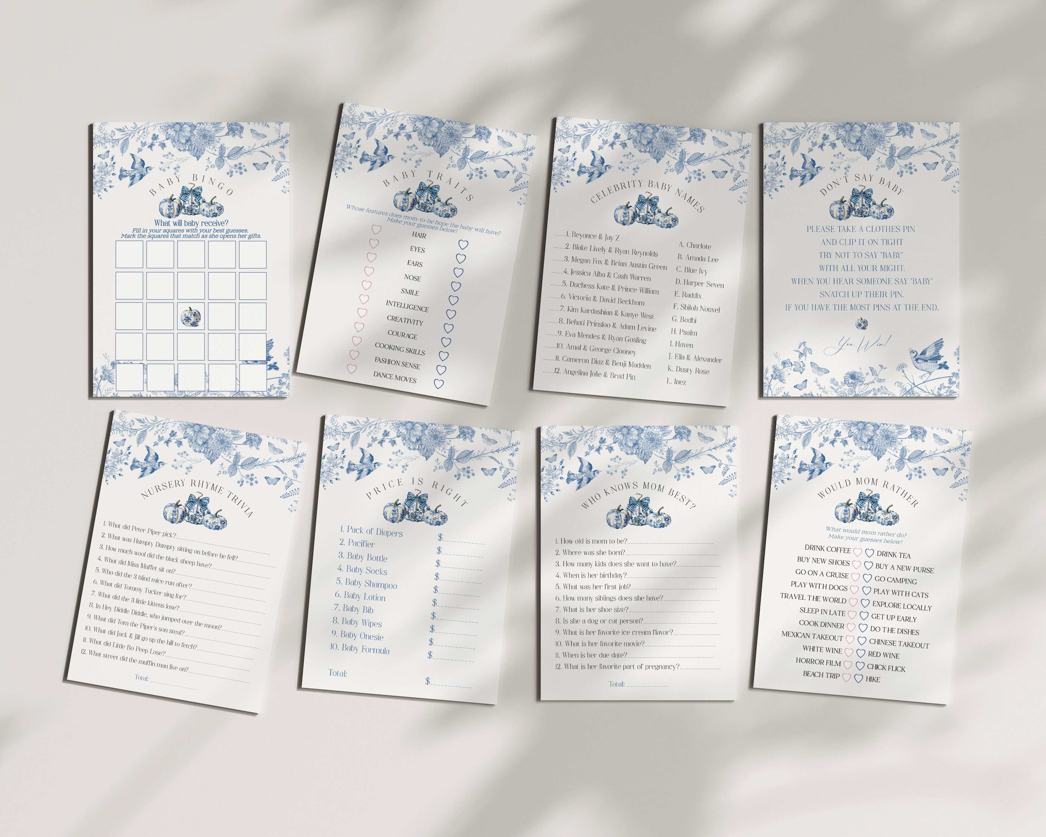 blue toile pumpkin - baby shower games design preview