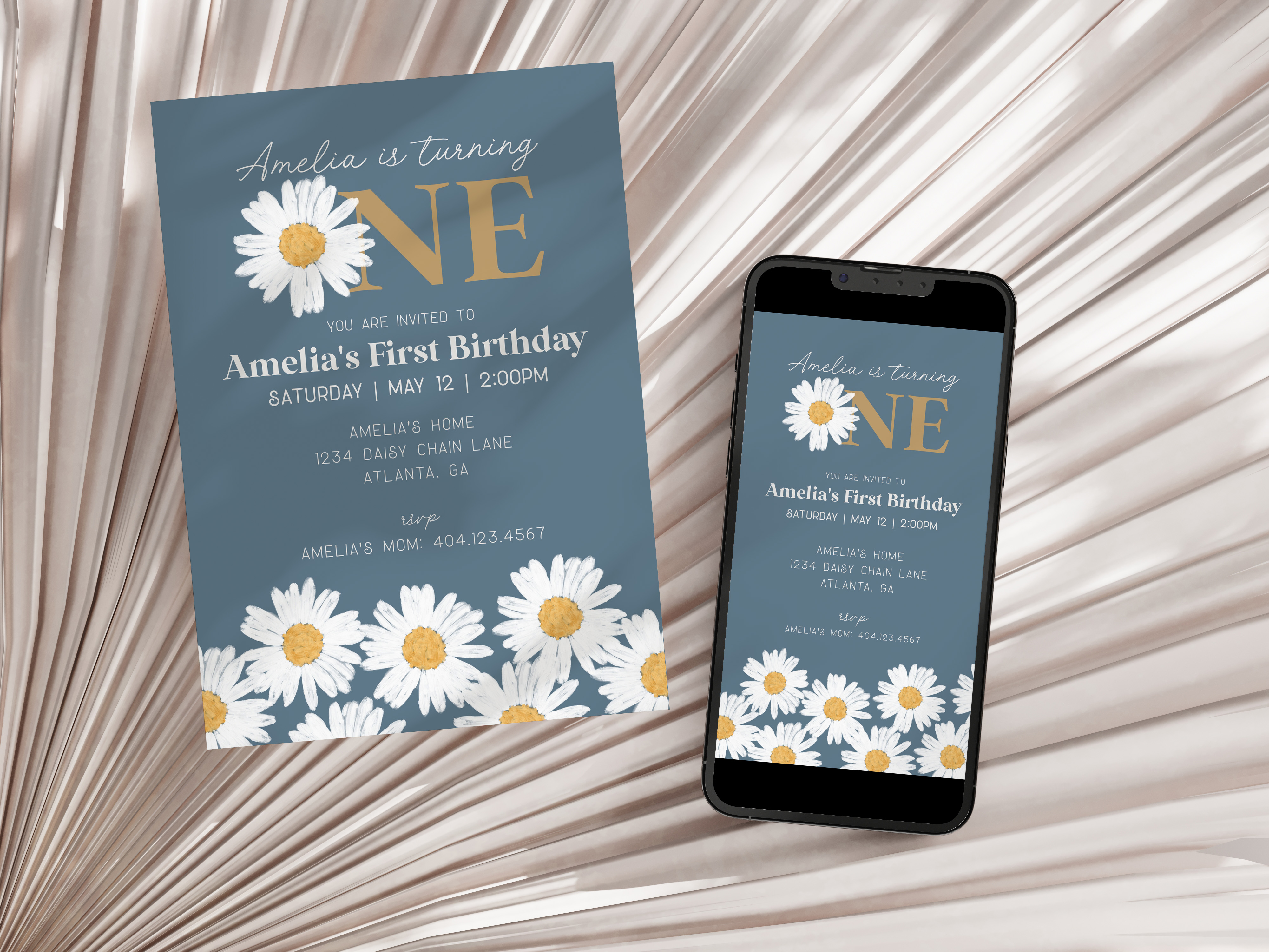 navy daisy - first birthday invite design preview