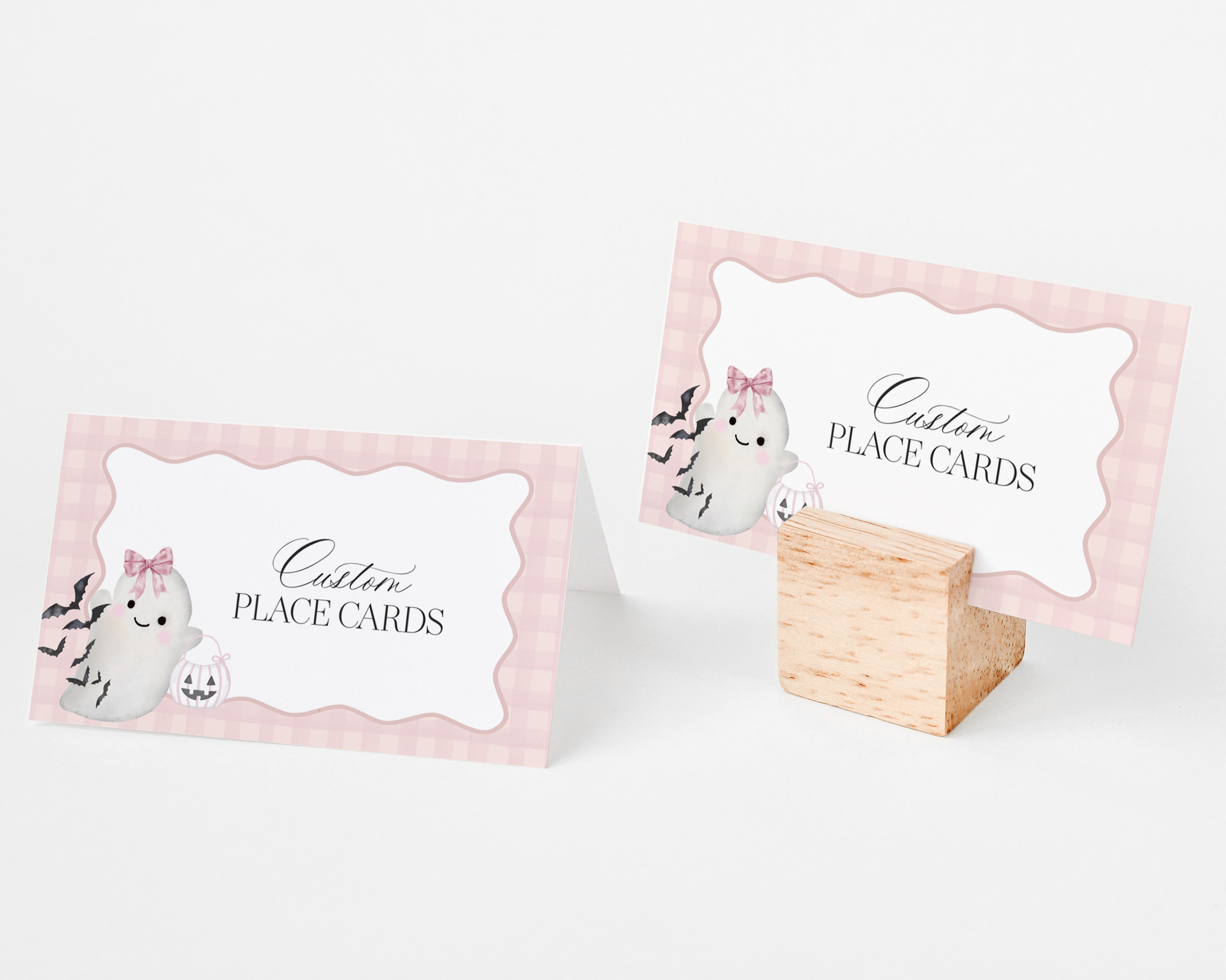 pink preppy halloween - place cards design preview