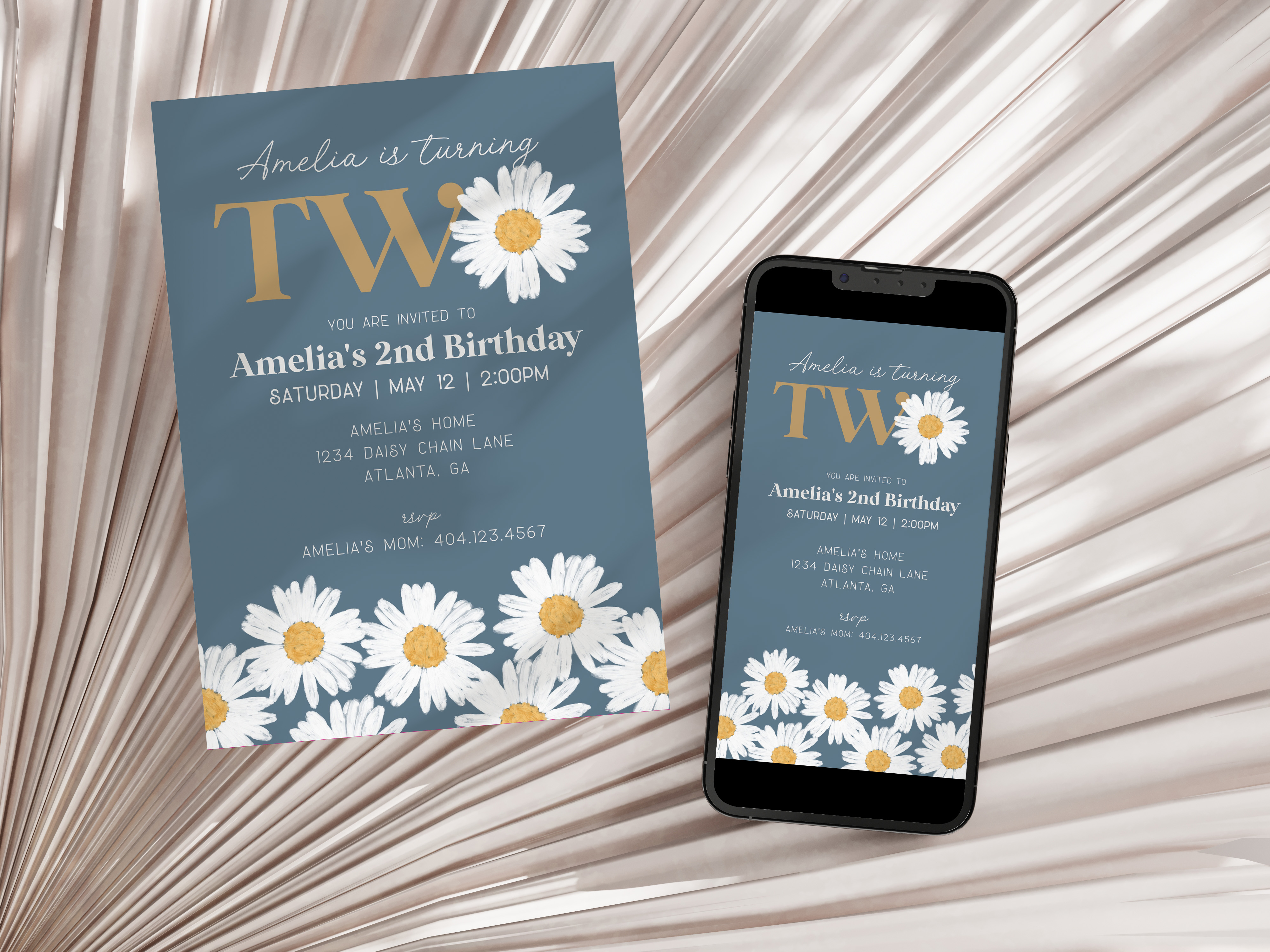 navy daisy - second birthday invite design preview