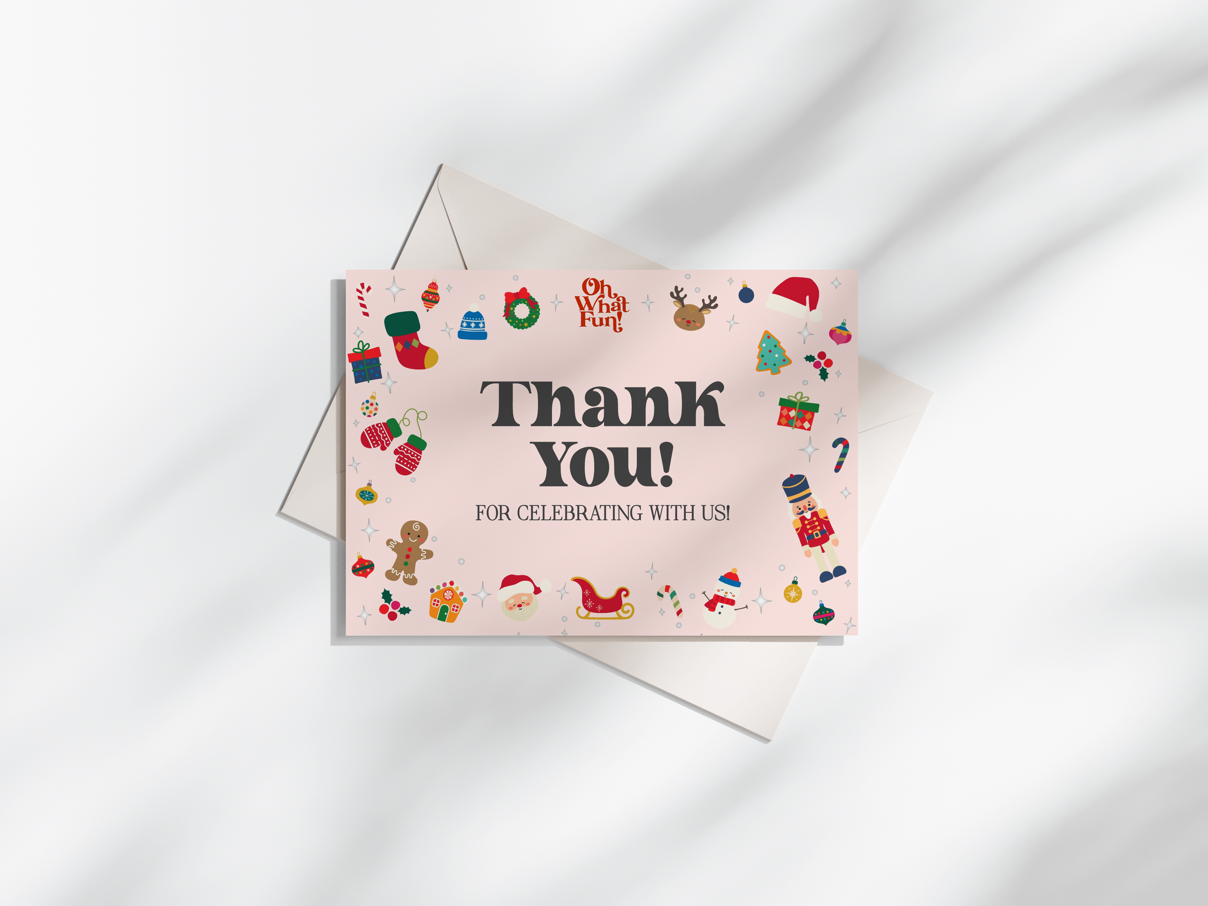 pink oh what fun - thank you card design preview