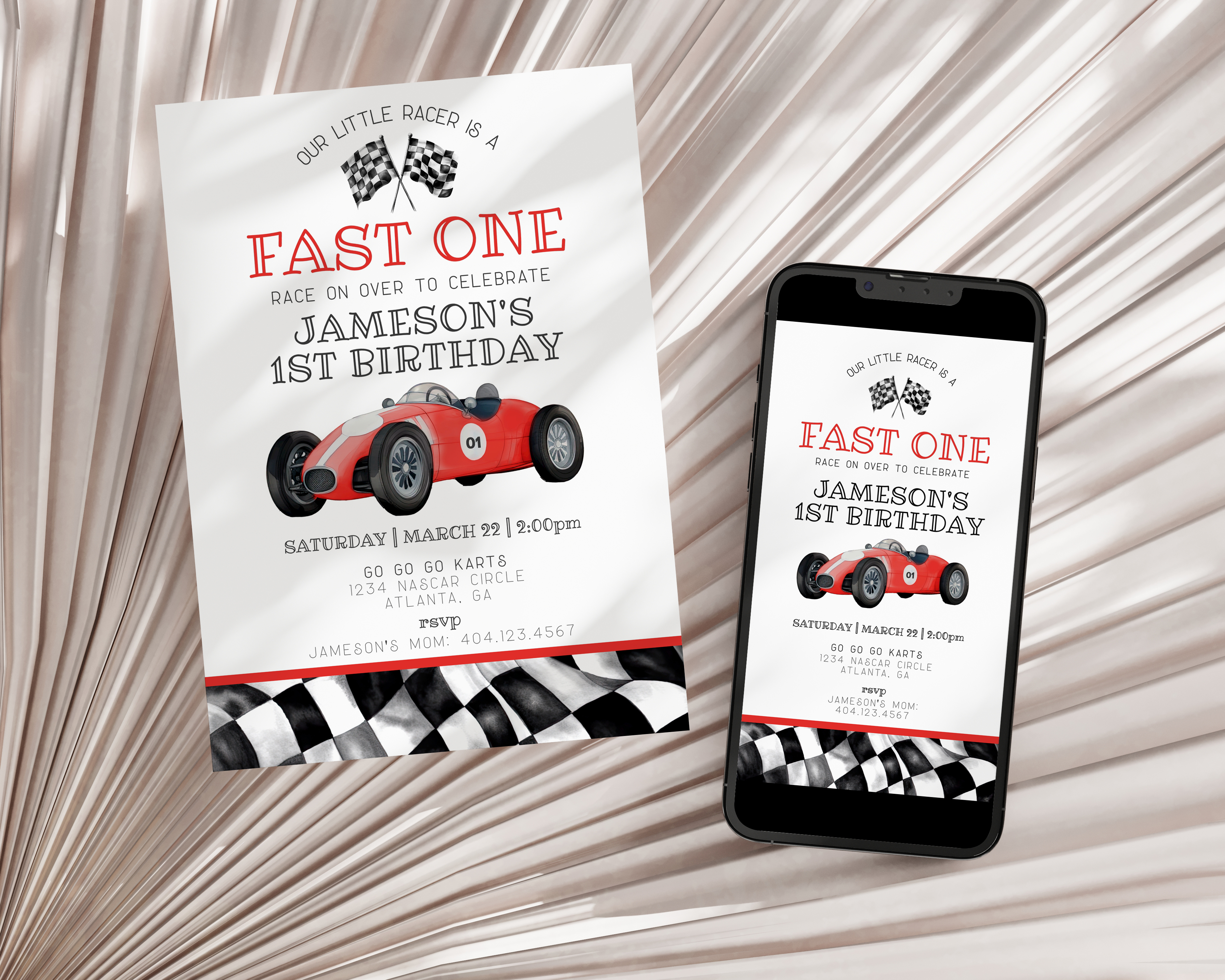 red race car - first birthday invite design preview