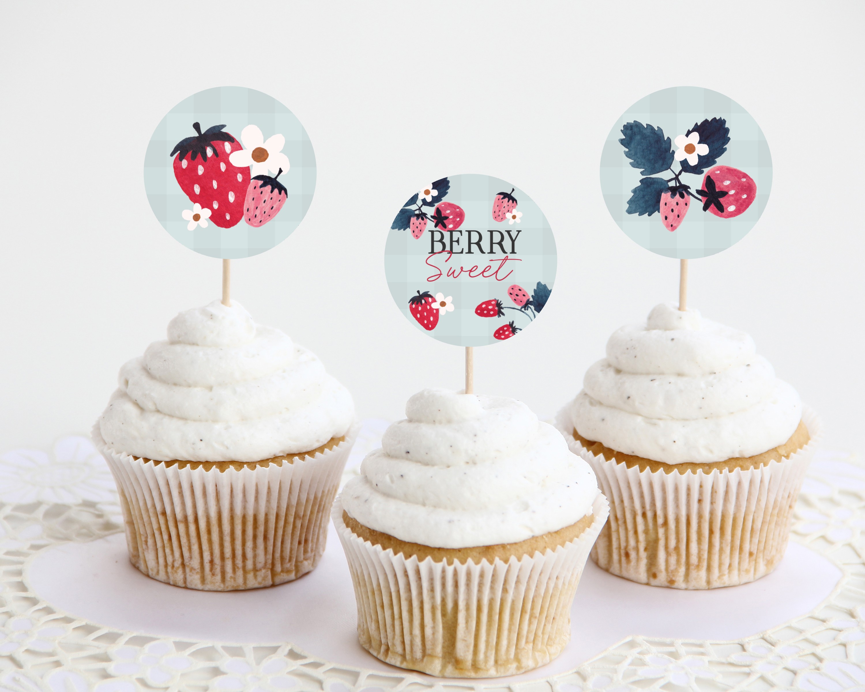 mint strawberry - cupcake toppers design preview