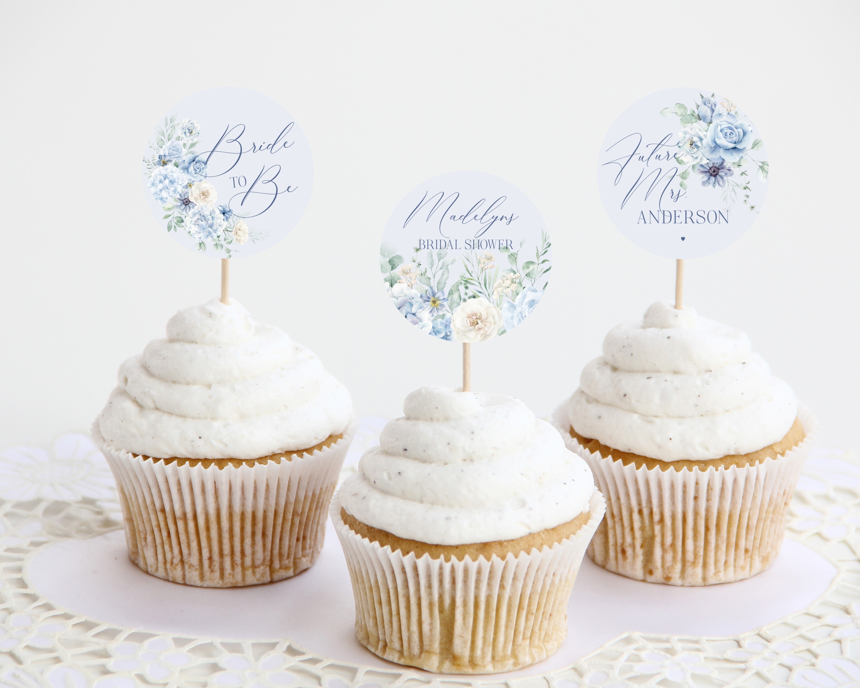 blue floral - bridal shower cupcake toppers design preview