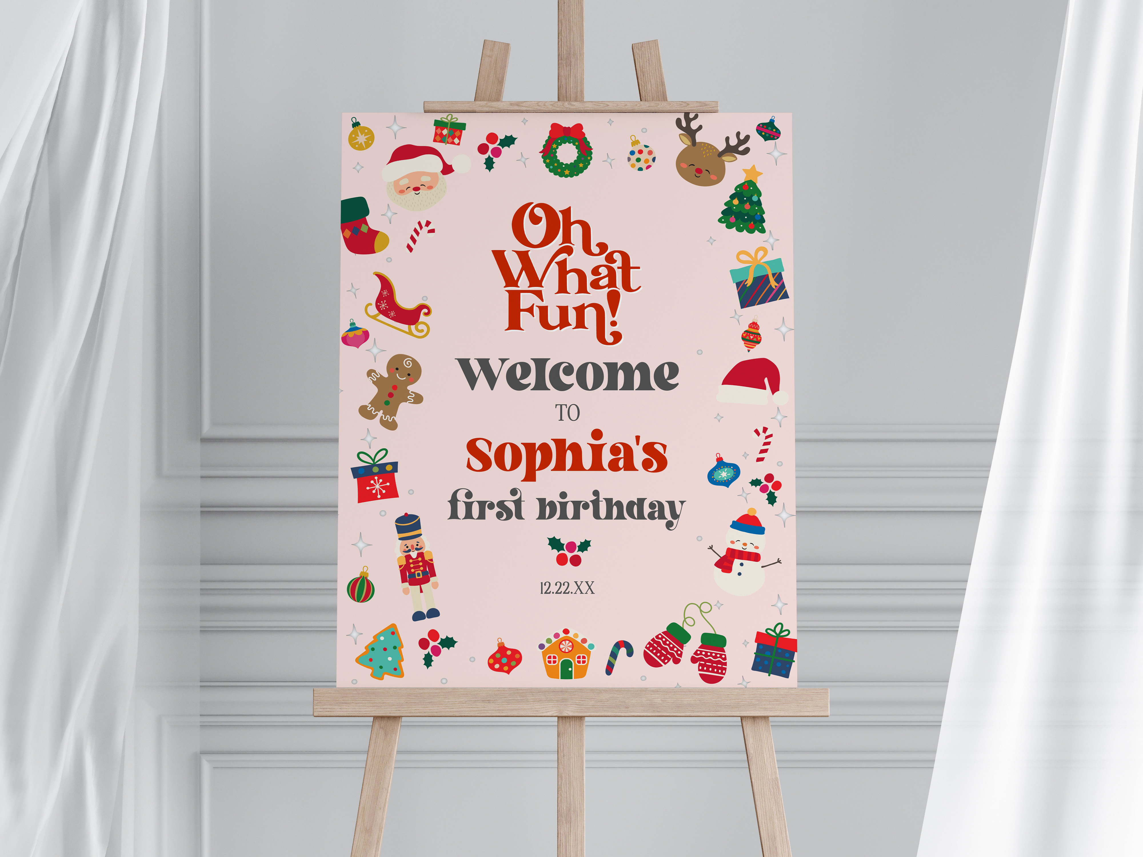 pink oh what fun - birthday welcome sign design preview