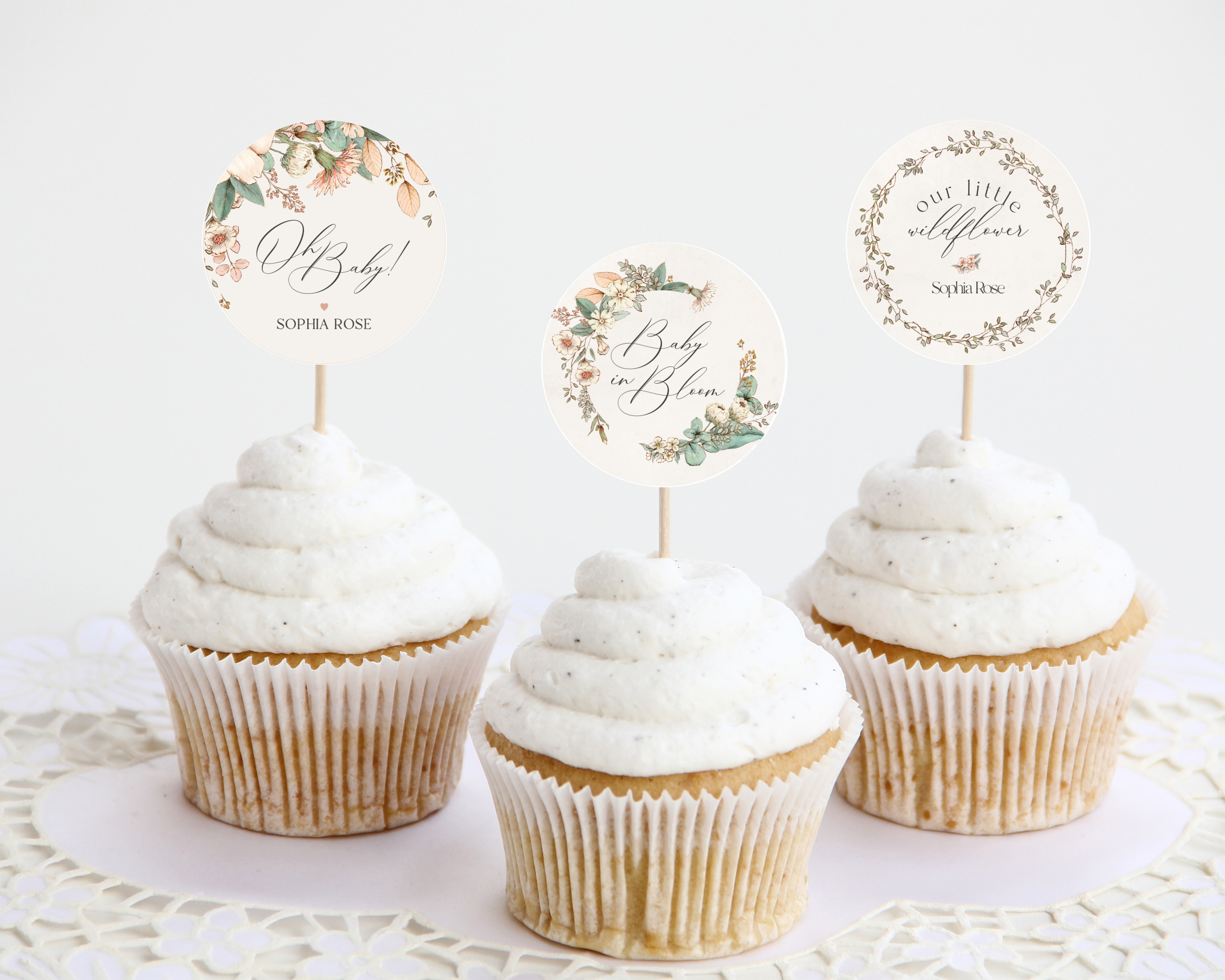 blush floral - baby shower cupcake toppers design preview
