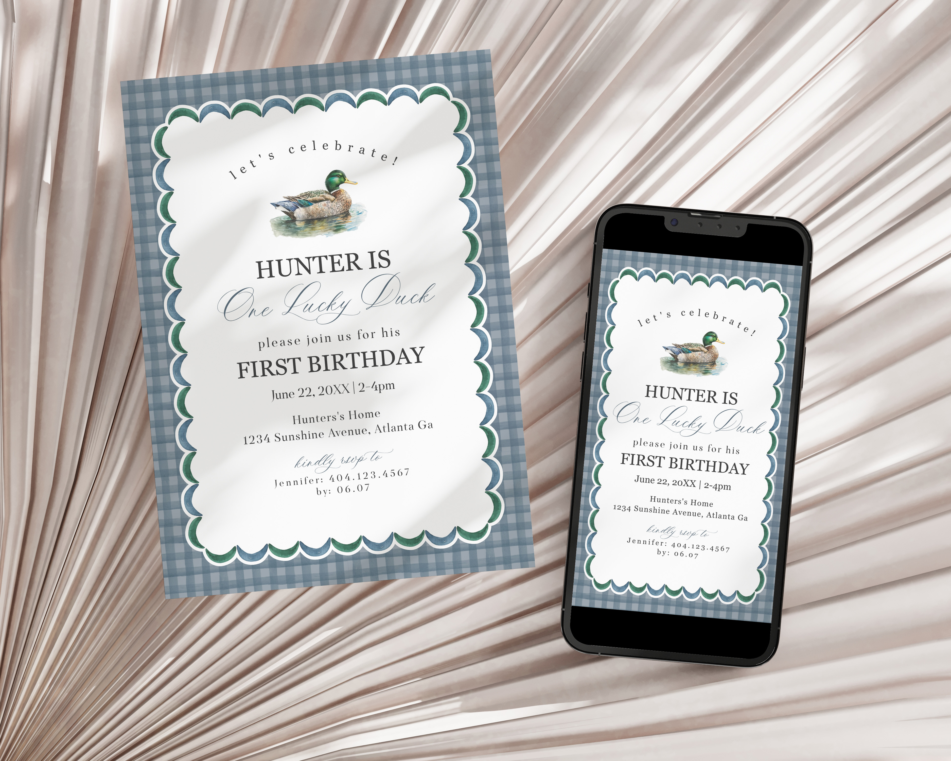 mallard - first birthday invite design preview