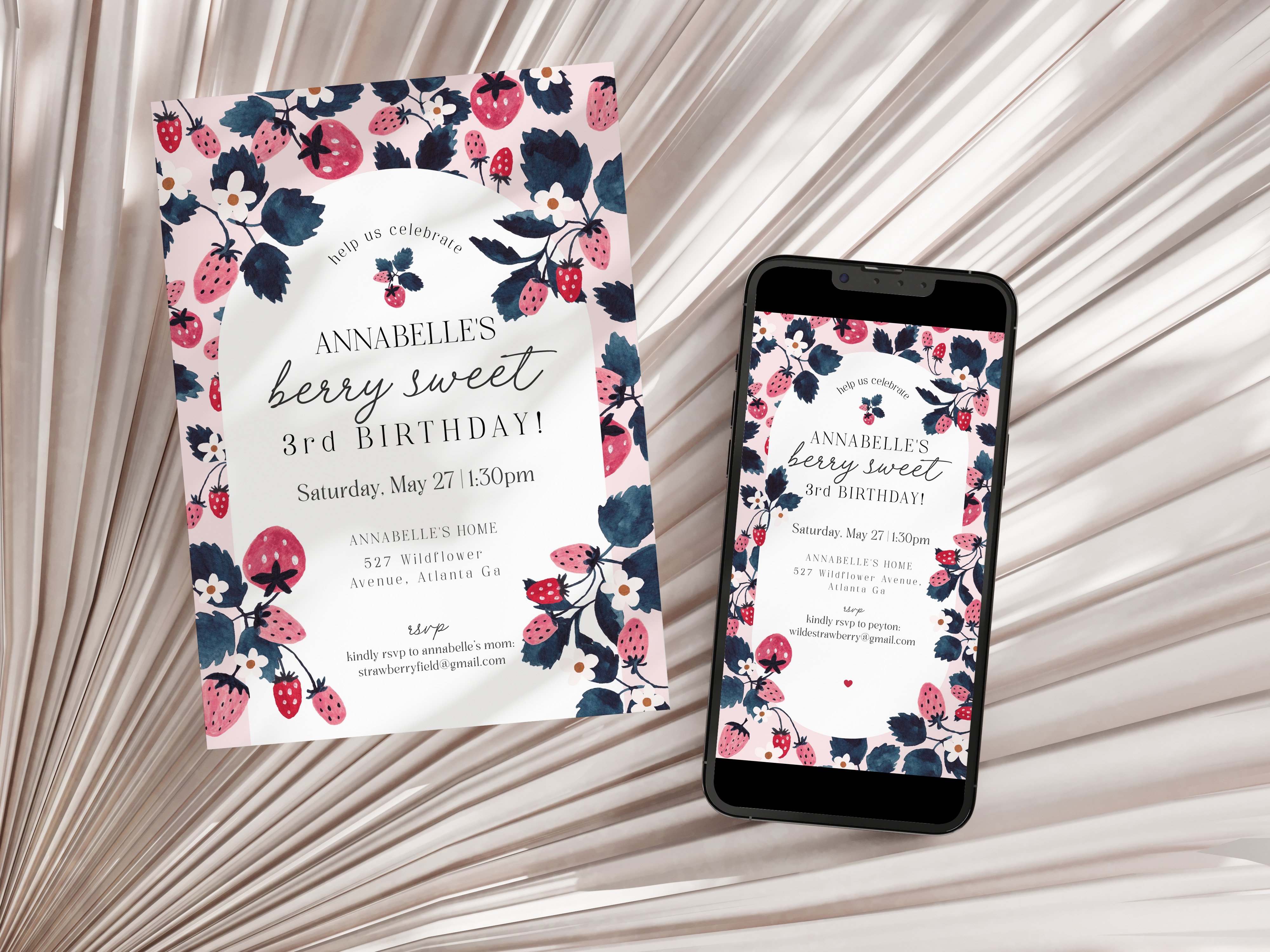 pink strawberry - birthday invite design preview