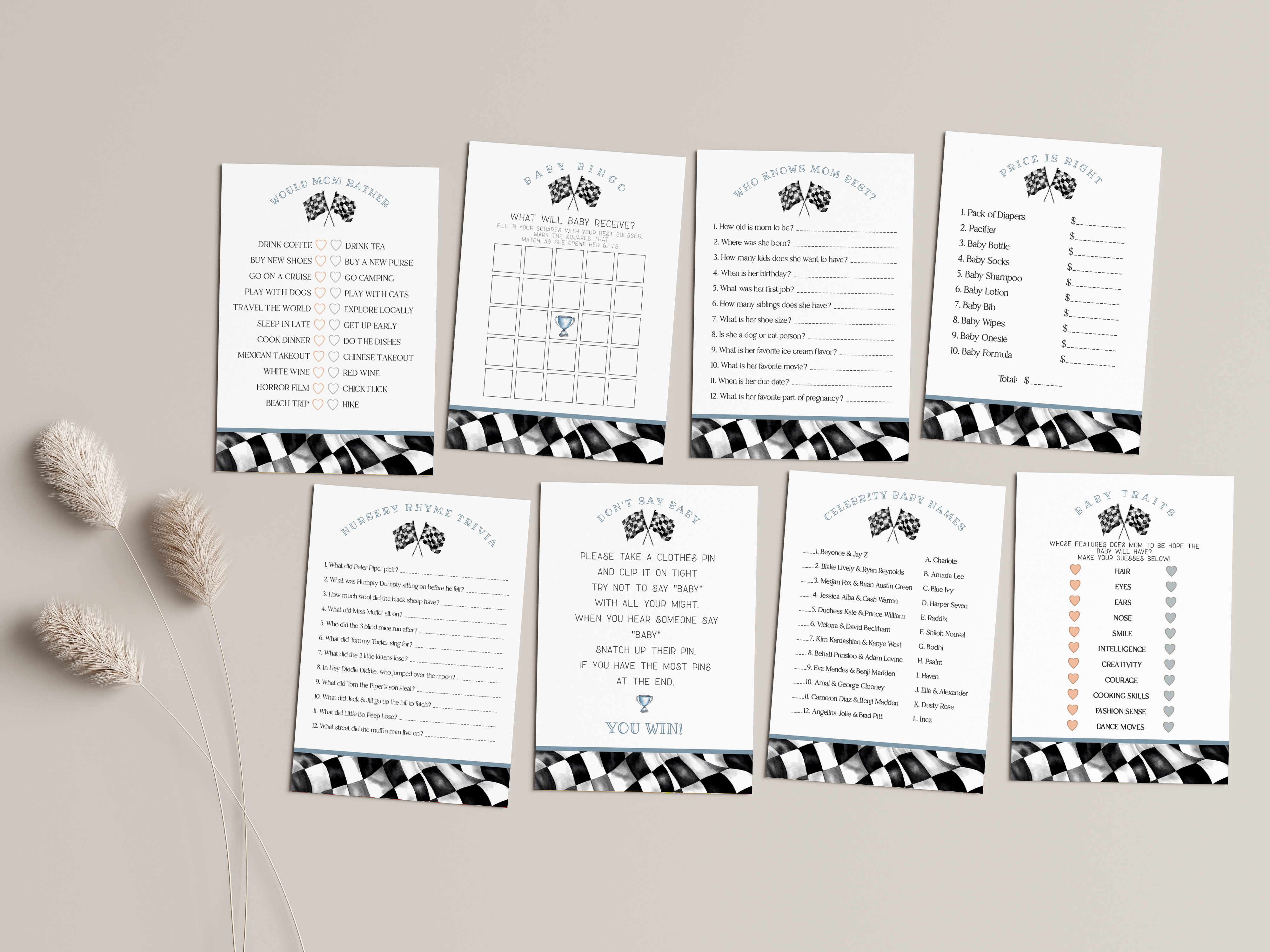 blue race car - baby shower games bundle design preview