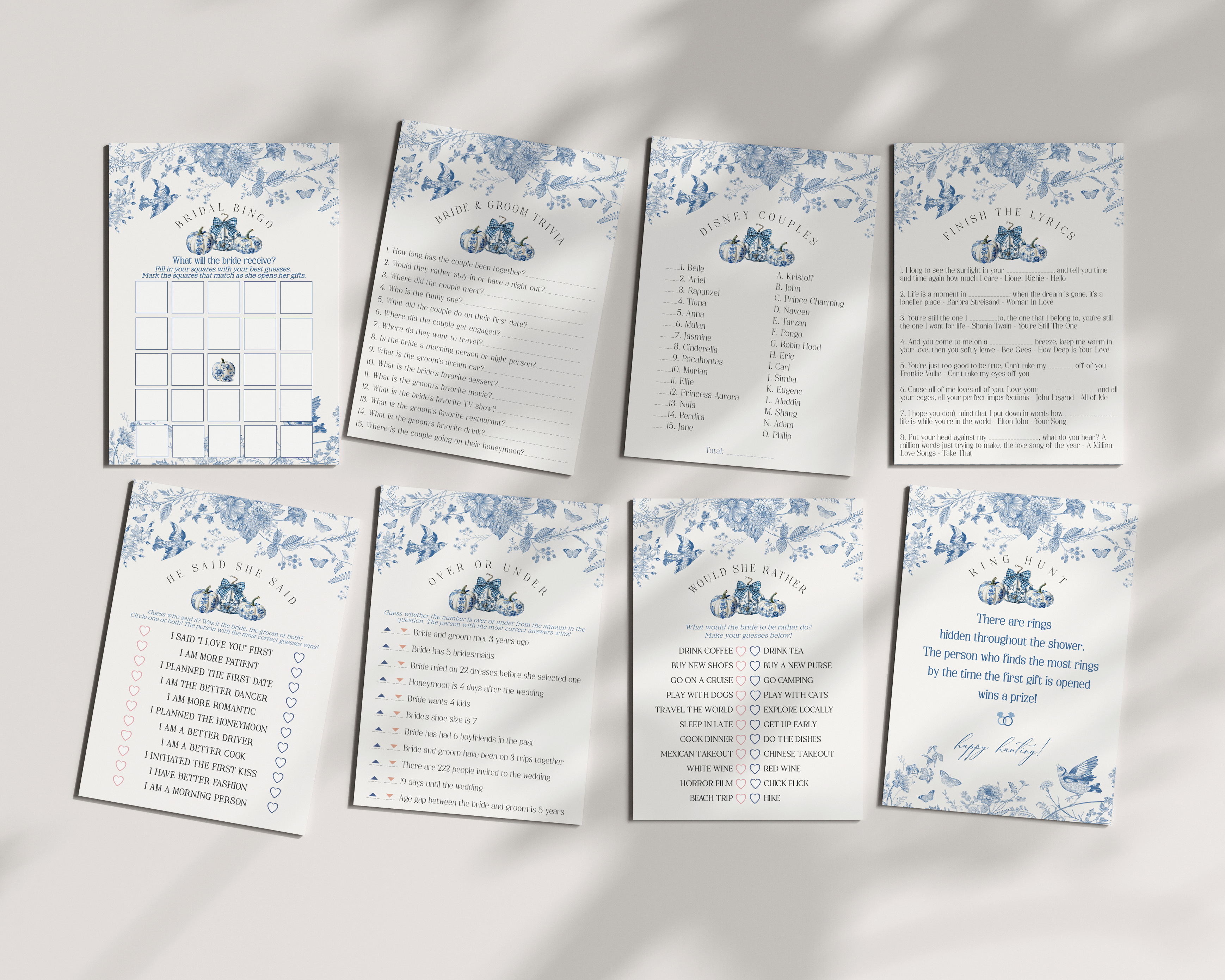 blue toile pumpkin - bridal shower games design preview